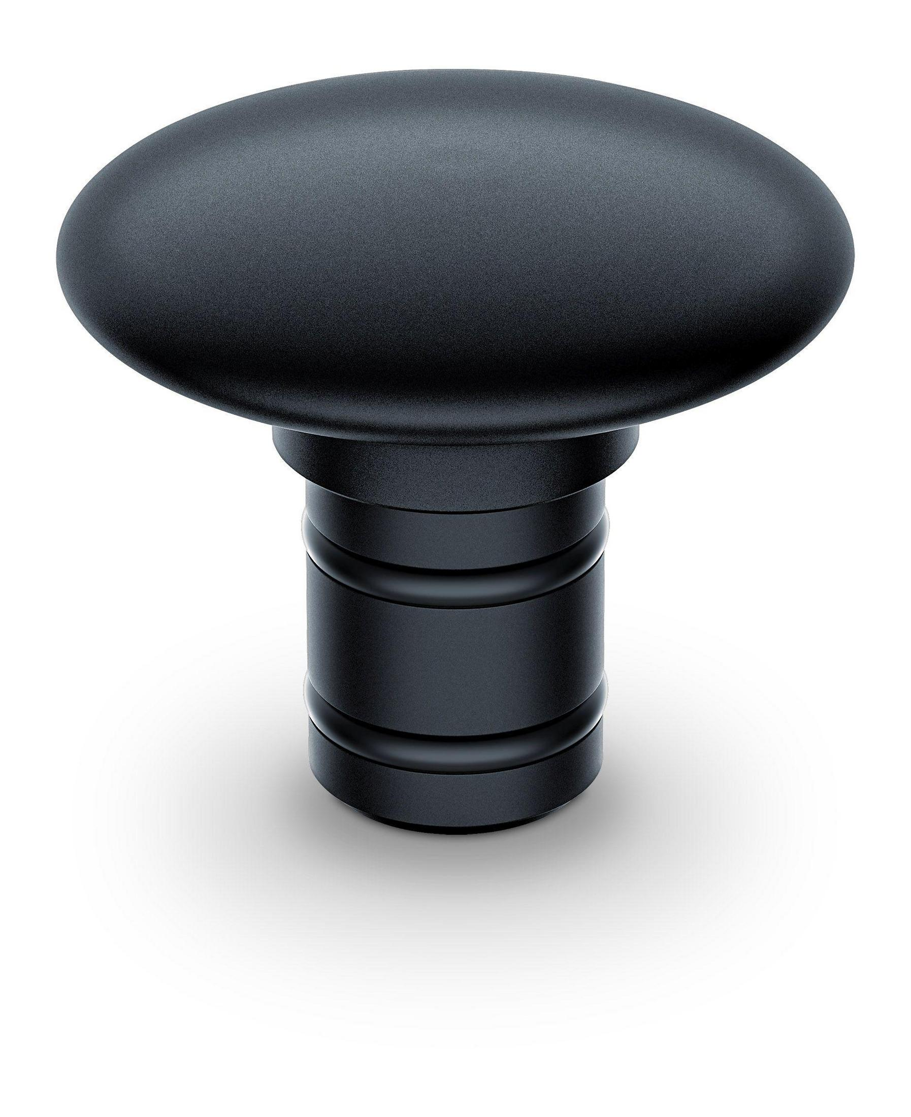 Una manopola ovale nera con stelo scanalato su sfondo bianco.