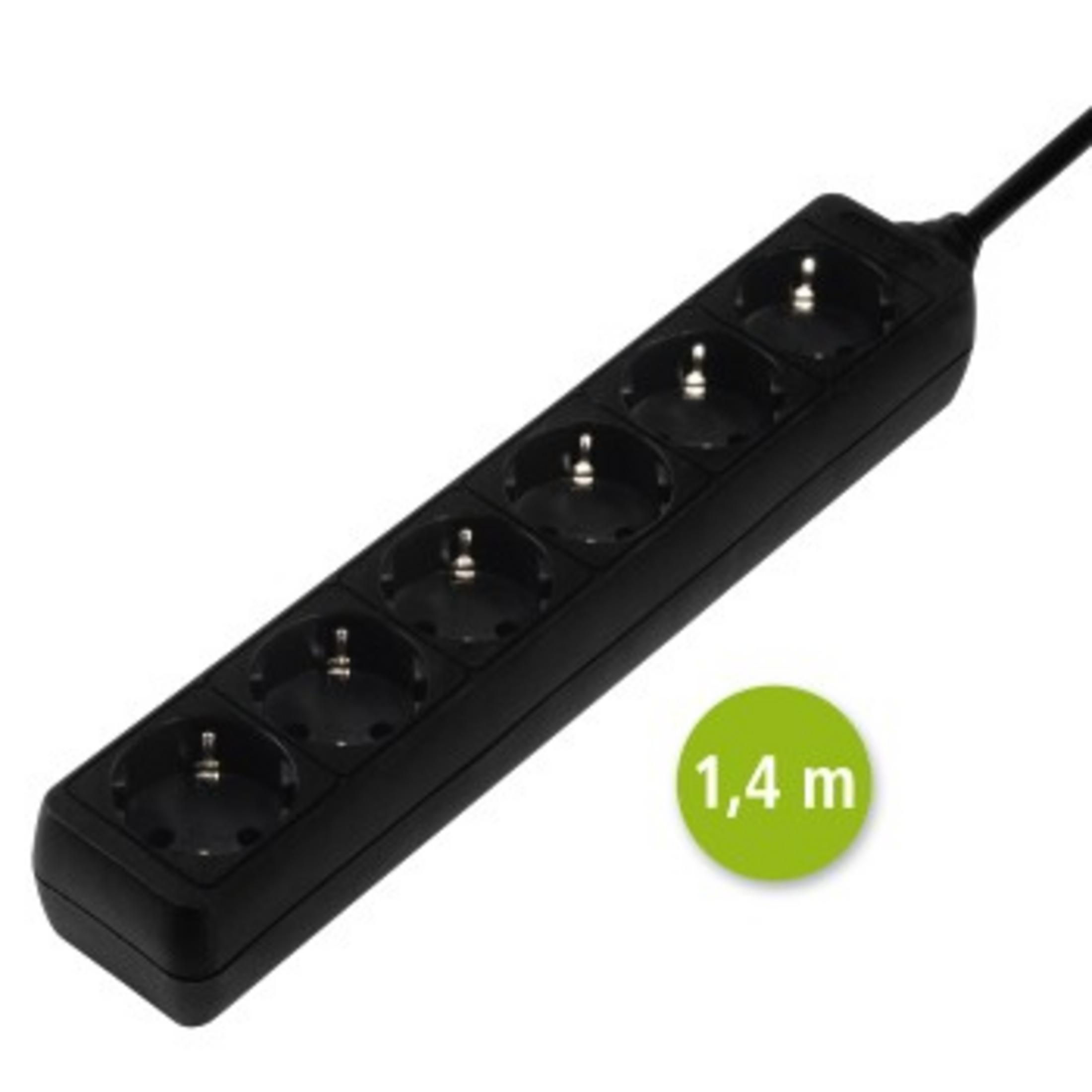 Schwarze Steckdosenleiste mit fünf Anschlüssen und einem 1,4m Kabel.