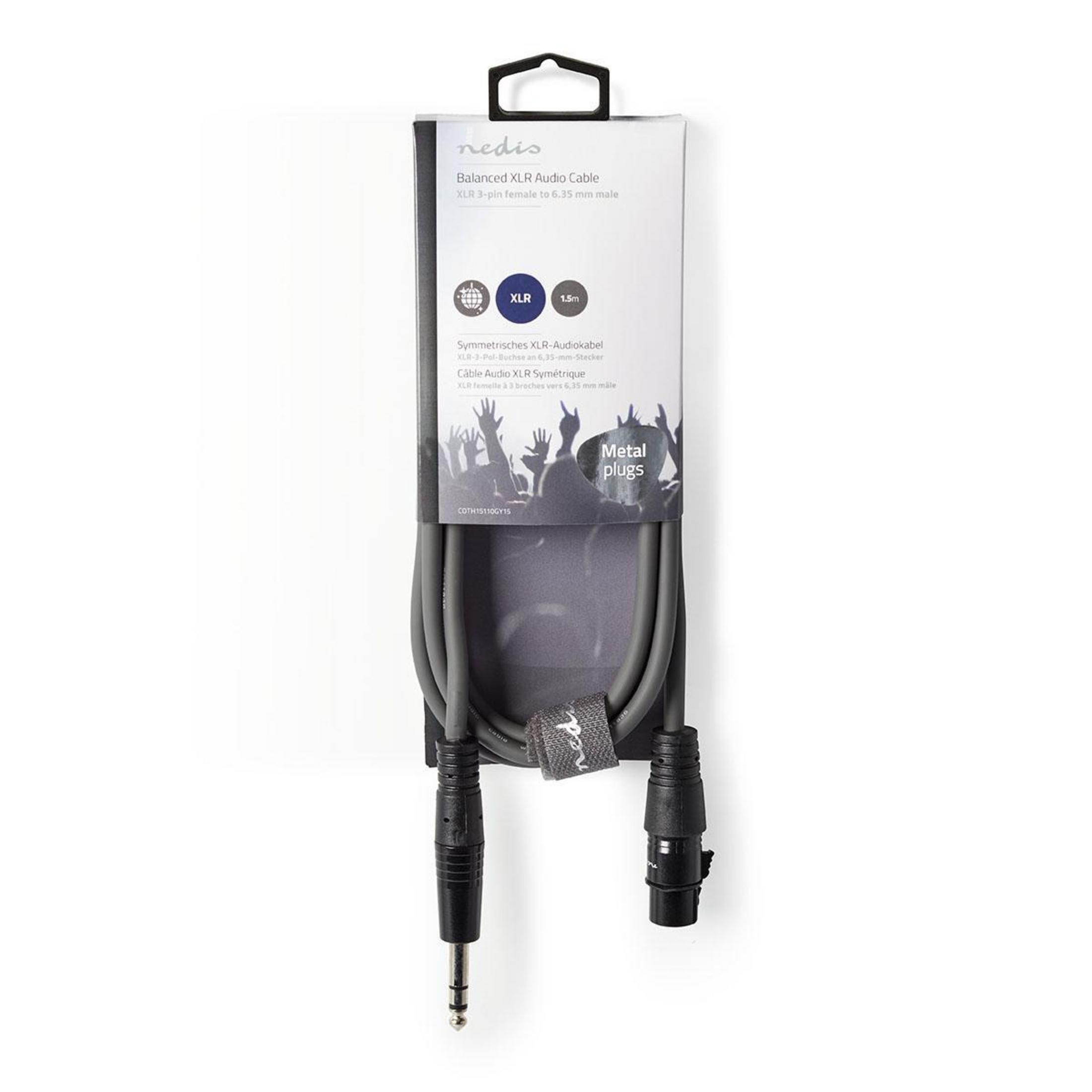 Grijze Nedis XLR audiokabel met 6,35 mm jack en XLR female connector.