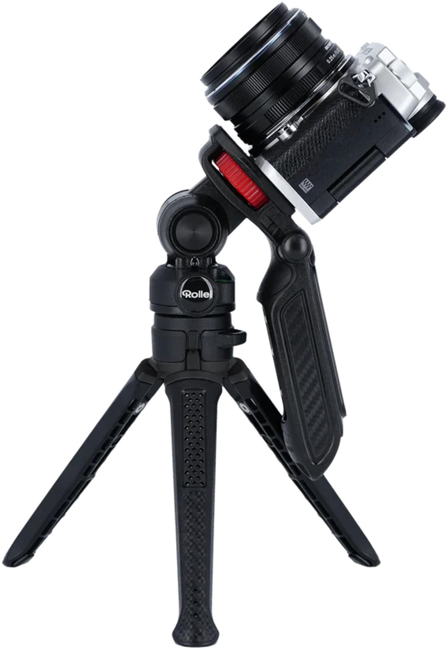 Impugnatura per fotocamera nera con treppiede e fotocamera argento.