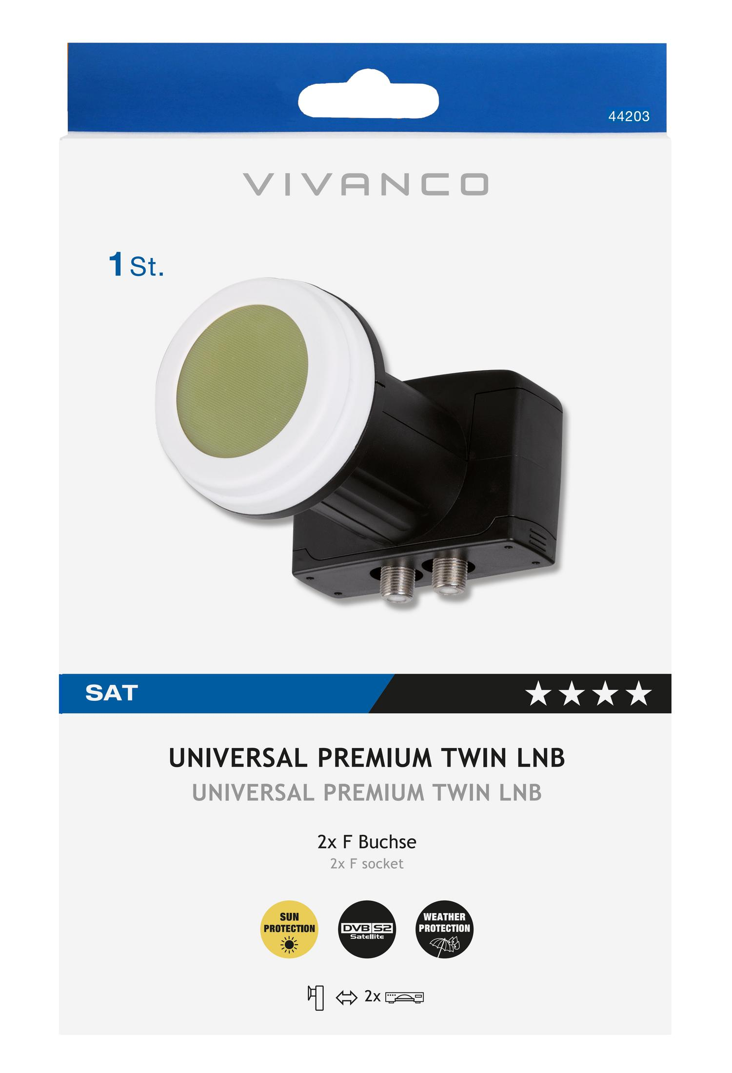 Universal Premium Twin LNB mit 2x F-Buchse, Sonnenschutz und Wetterschutz.