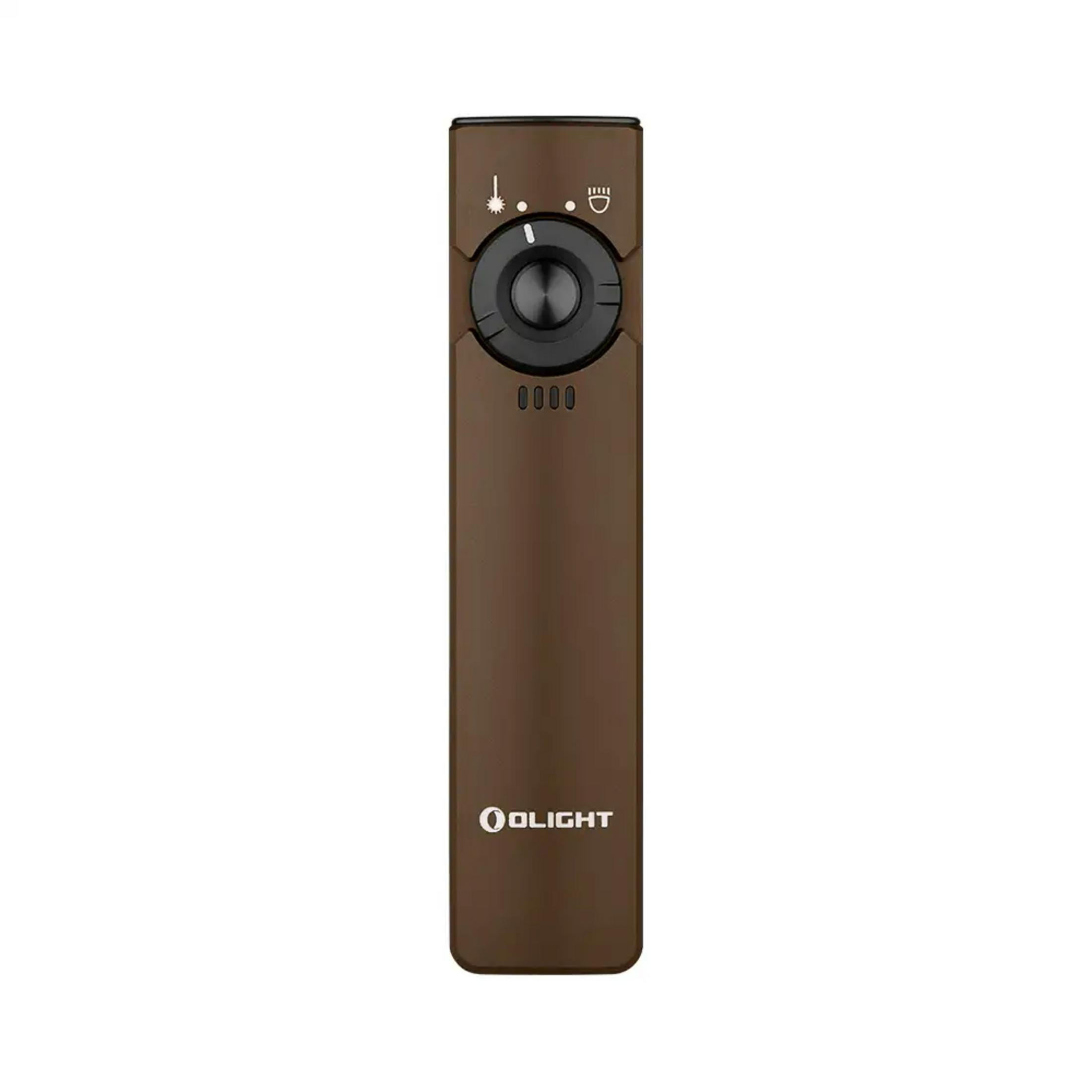 Un dispositivo Olight marrón con dial negro y símbolos indicadores.