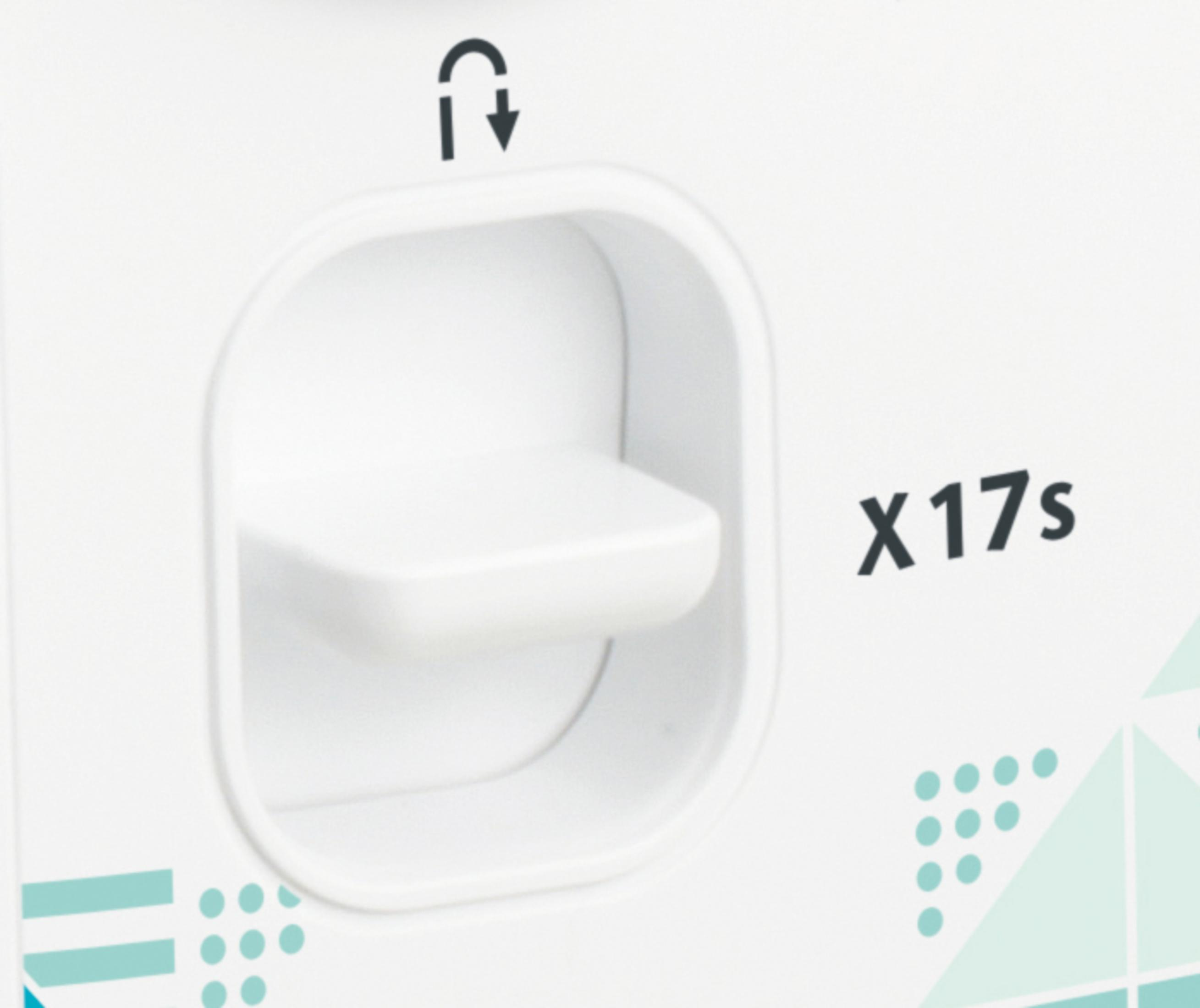 Biały pojemnik z symbolem strzałki i napisem X 17s.