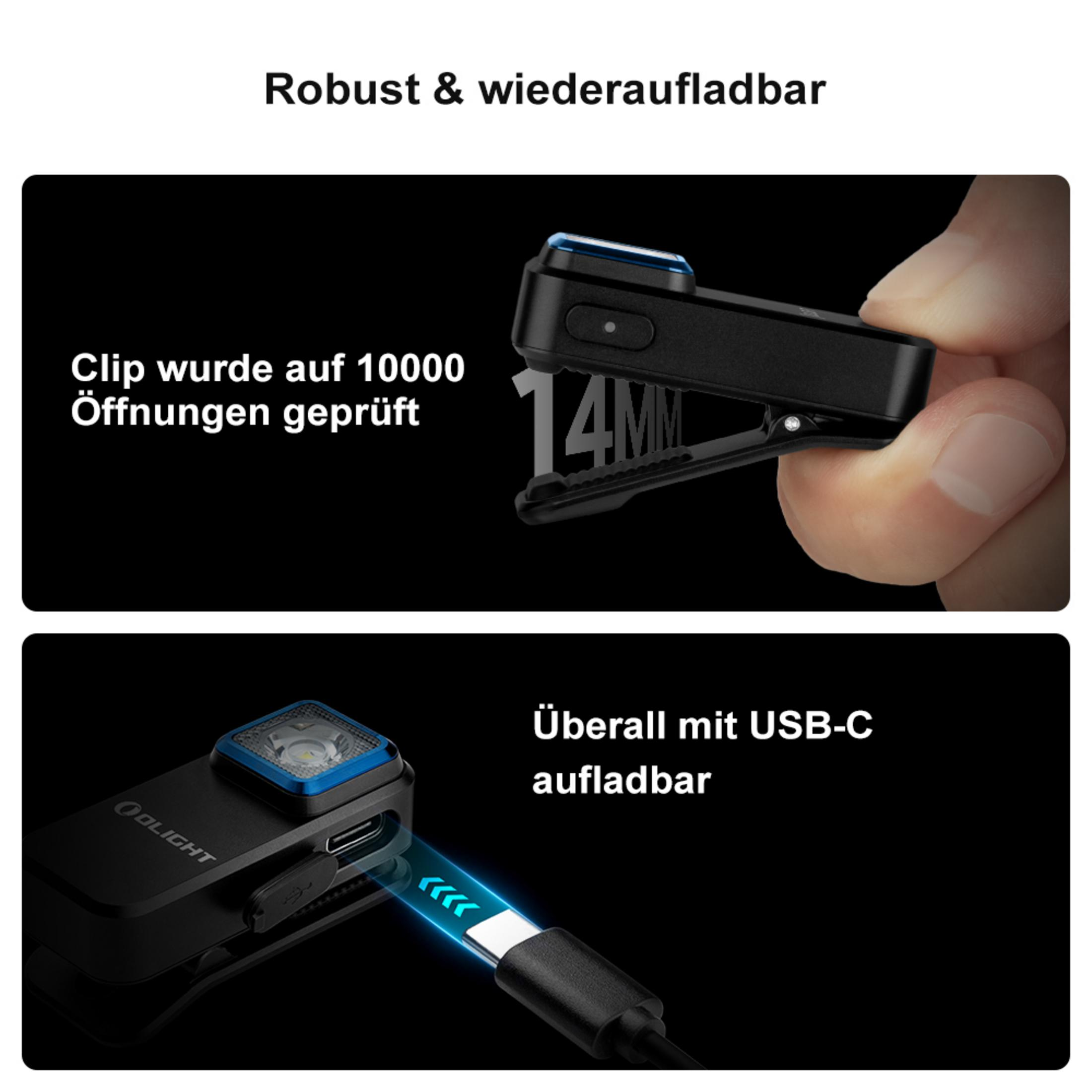 Clip robusto da 14mm e porta di ricarica USB-C.