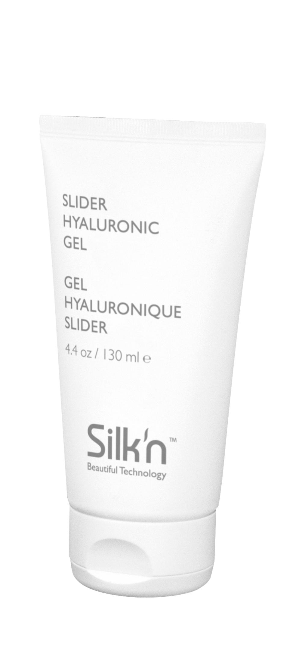 Weiße Tube mit schwarzem Text, die SLIDER HYALURONIC GEL und Silk'n Beautiful Technology zeigt.