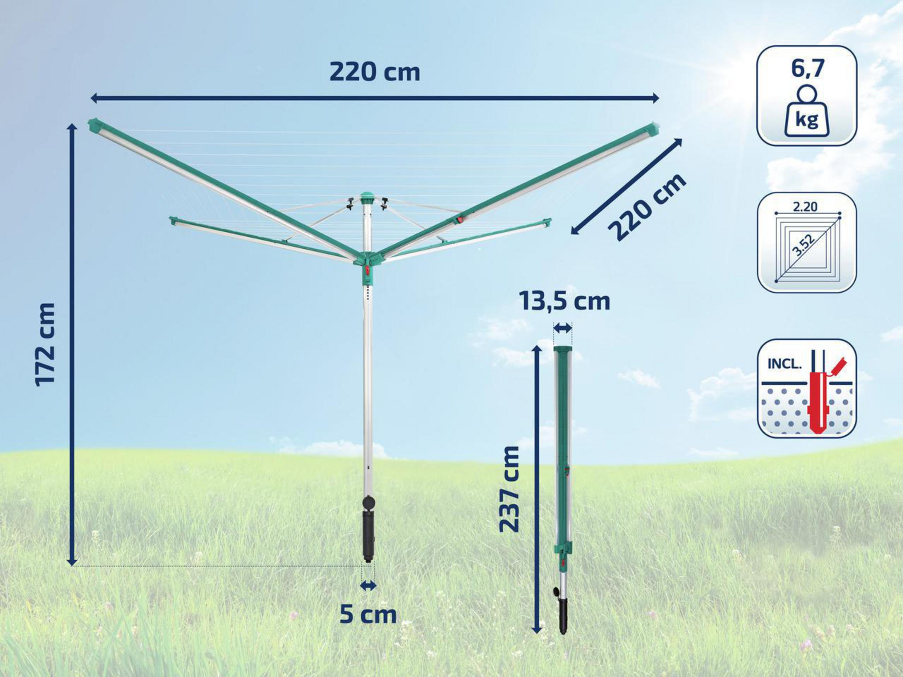 Ein ausziehbarer Wäscheständer mit Maßen von 220 cm und 172 cm Höhe.