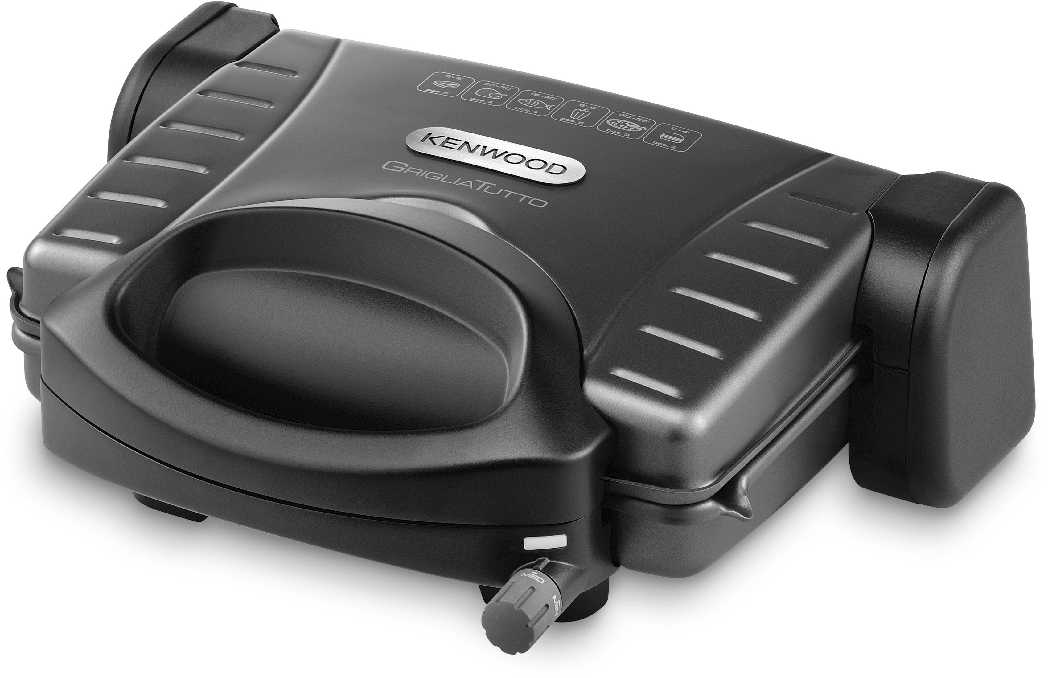Czarny grill kontaktowy Kenwood z srebrnym logo i ikonami czasu gotowania.