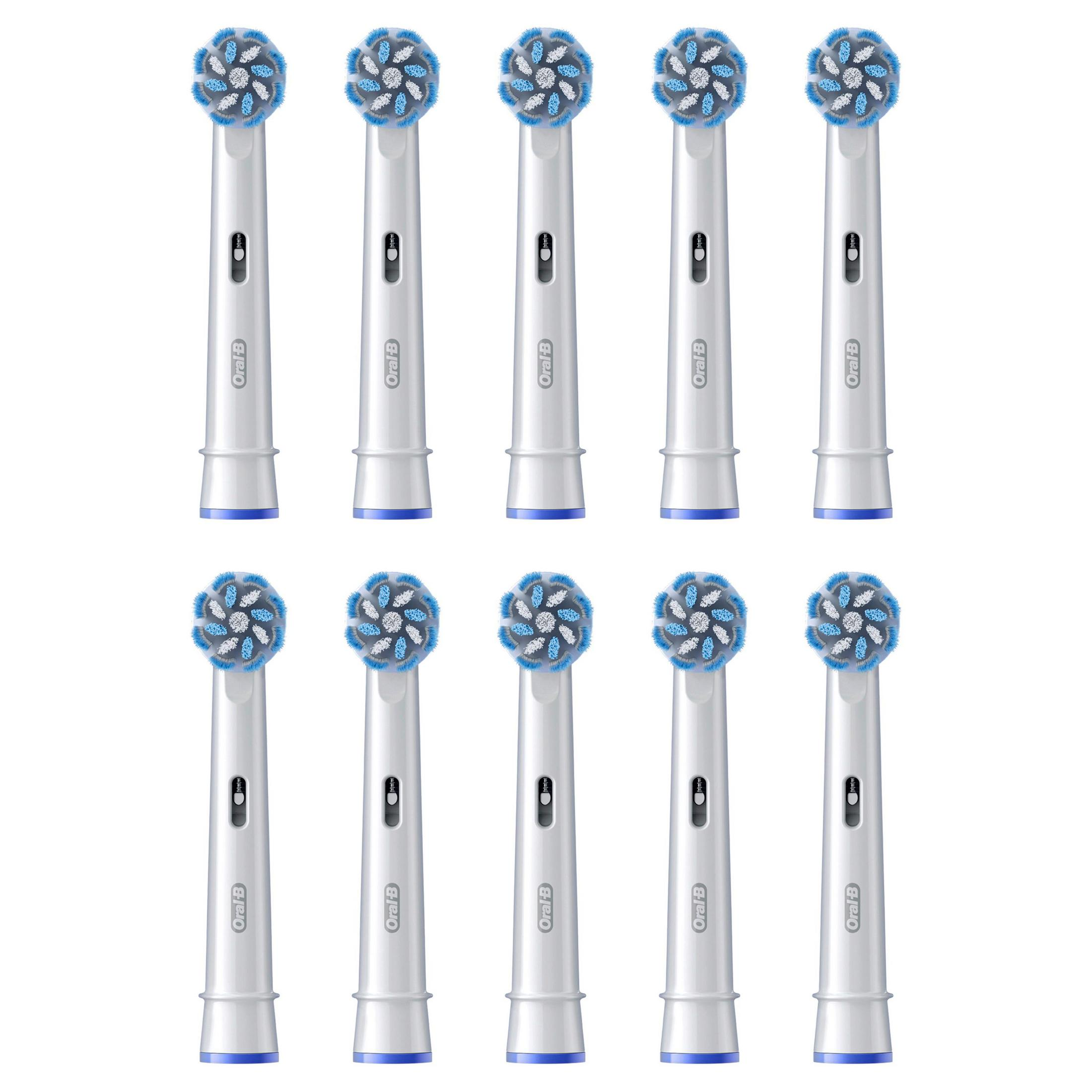 Zehn weiße Oral-B Aufsteckbürsten mit blauen Borsten.