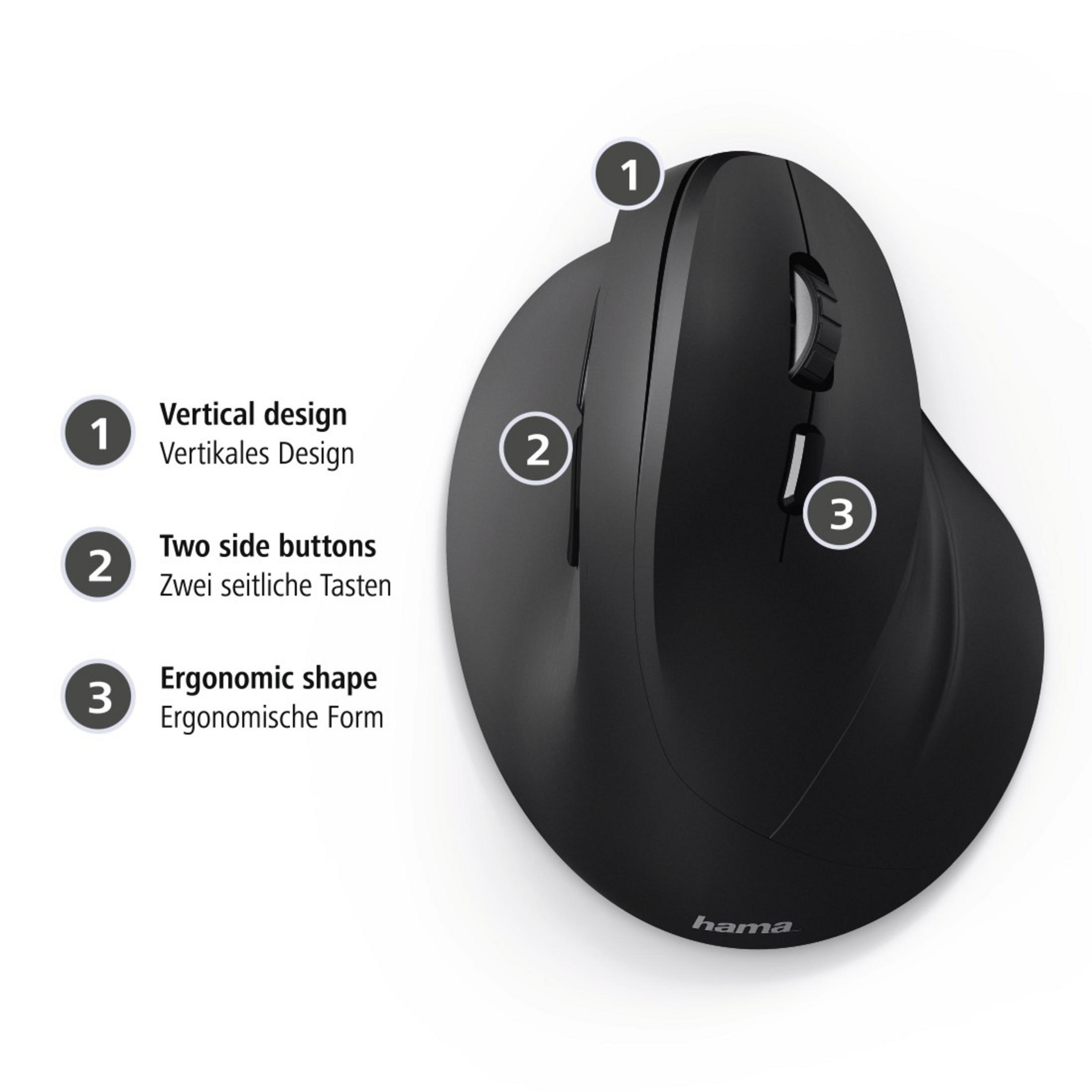 Mouse ergonomico verticale nero con logo Hama e callout.