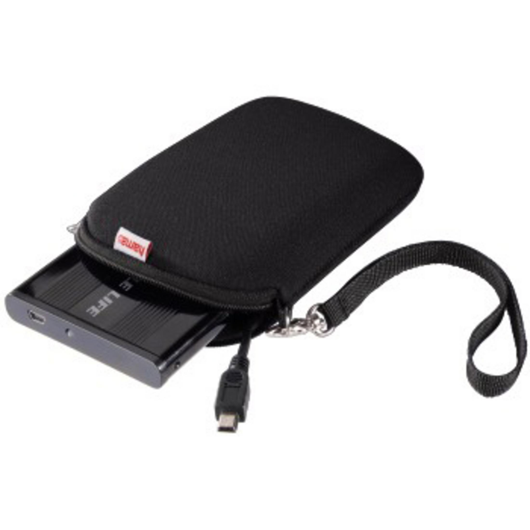 Ein schwarzes externes Festplattengehäuse mit USB-Kabel und Henkel.