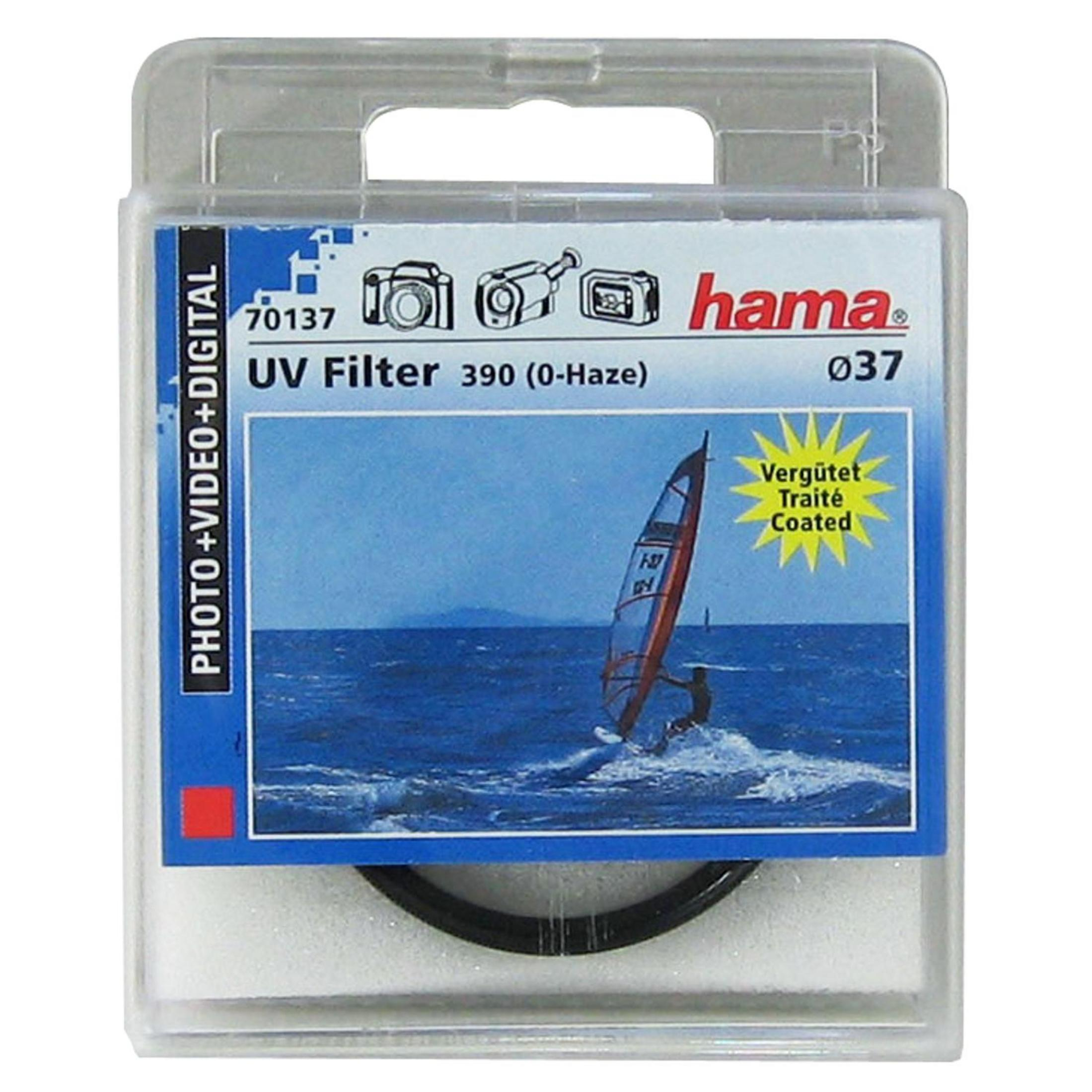 Hama UV Filter 390 (0-Haze) mit Windsurfer-Motiv. Angezeigt im Klarsicht-Blister.