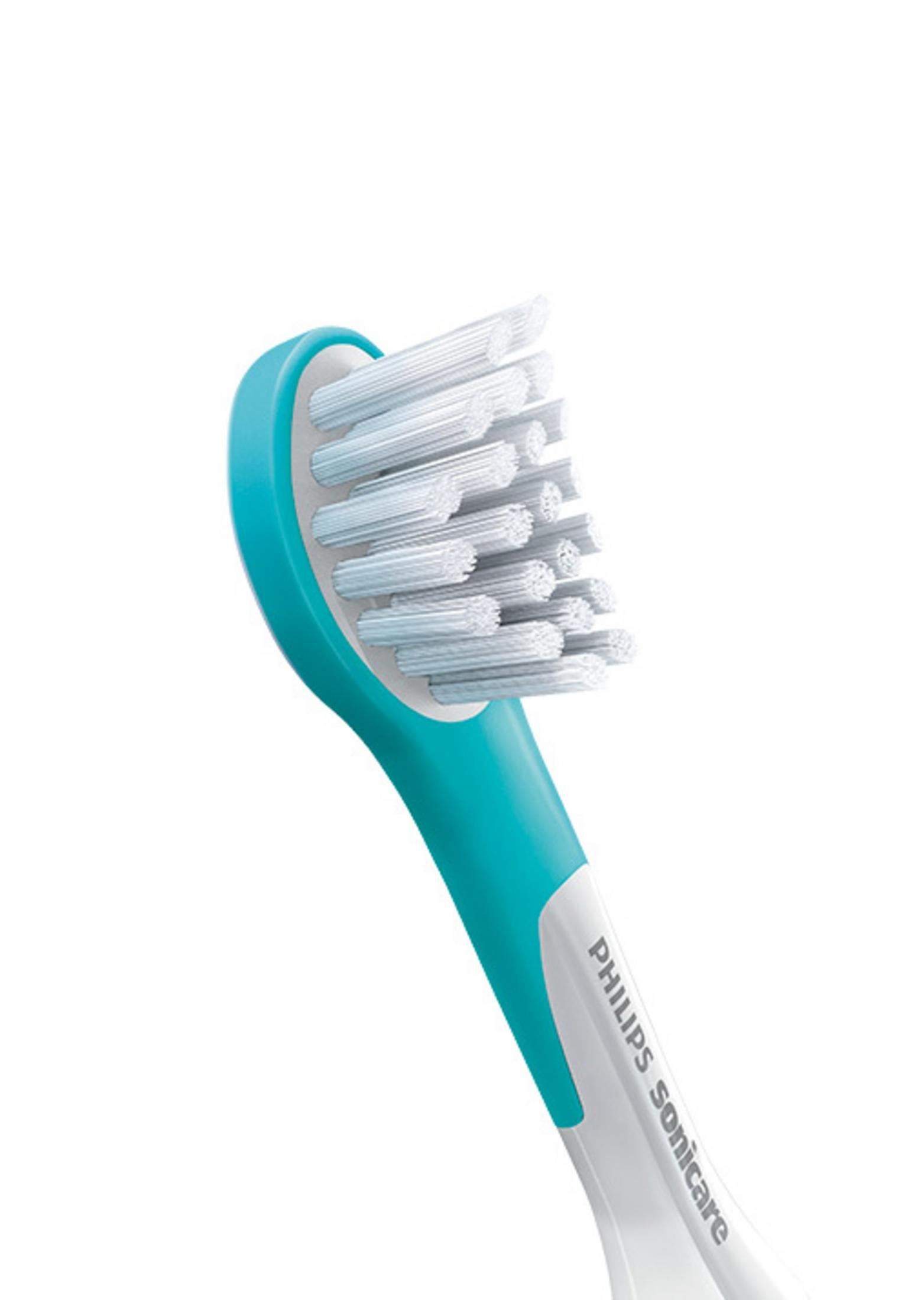 Turkusowa główka szczoteczki Philips Sonicare z białym włosiem.