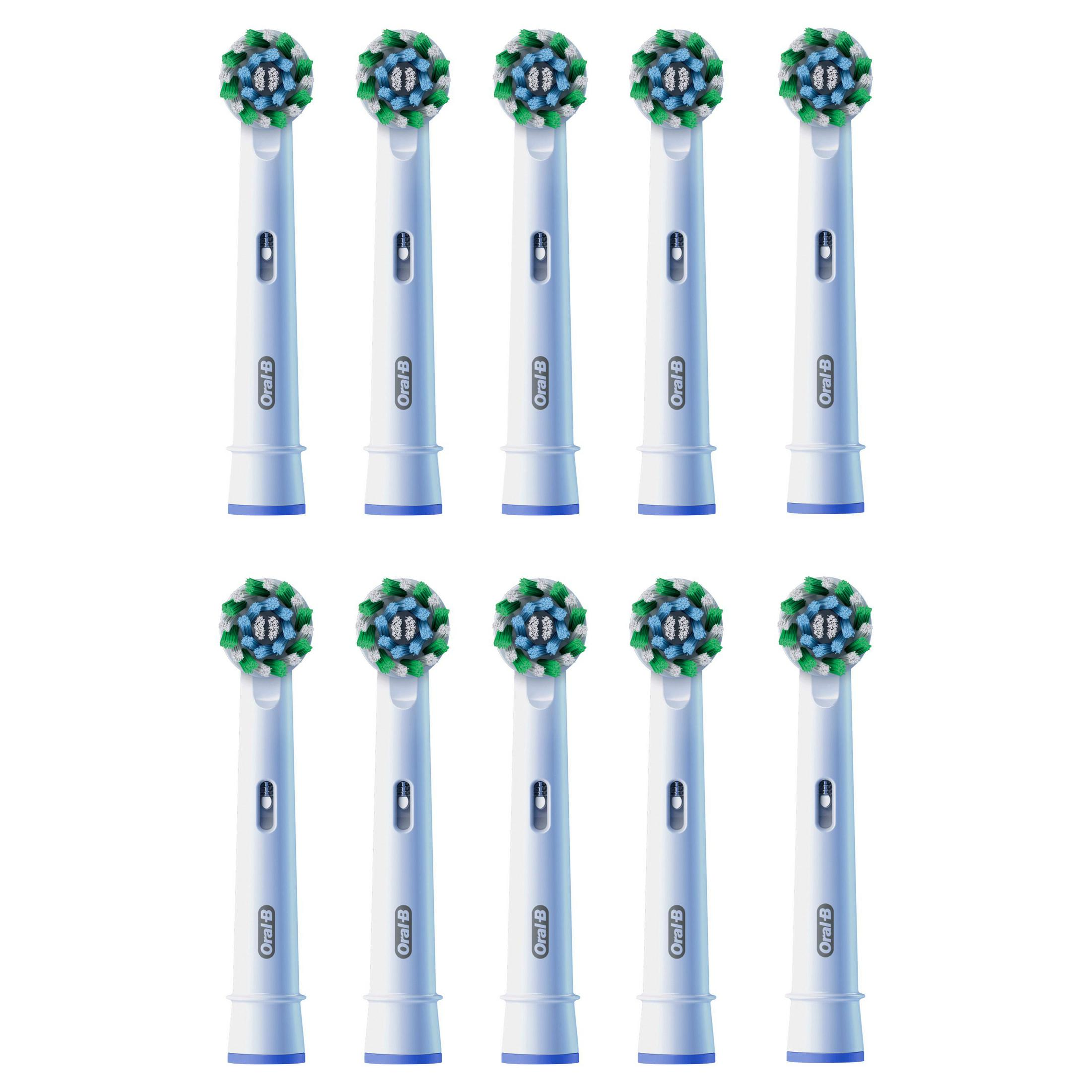 Dieci testine Oral-B bianche con setole blu e verdi su sfondo bianco.