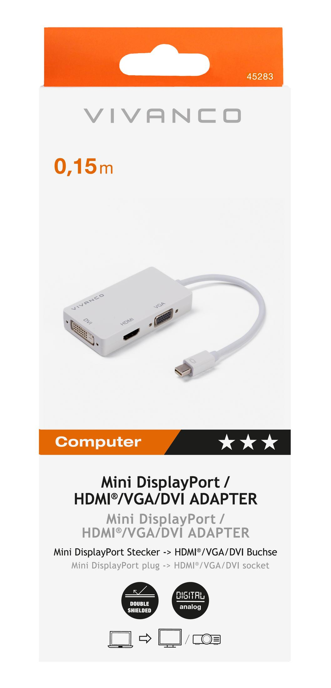 Un adattatore Vivanco Mini DisplayPort con porte HDMI, VGA e DVI.