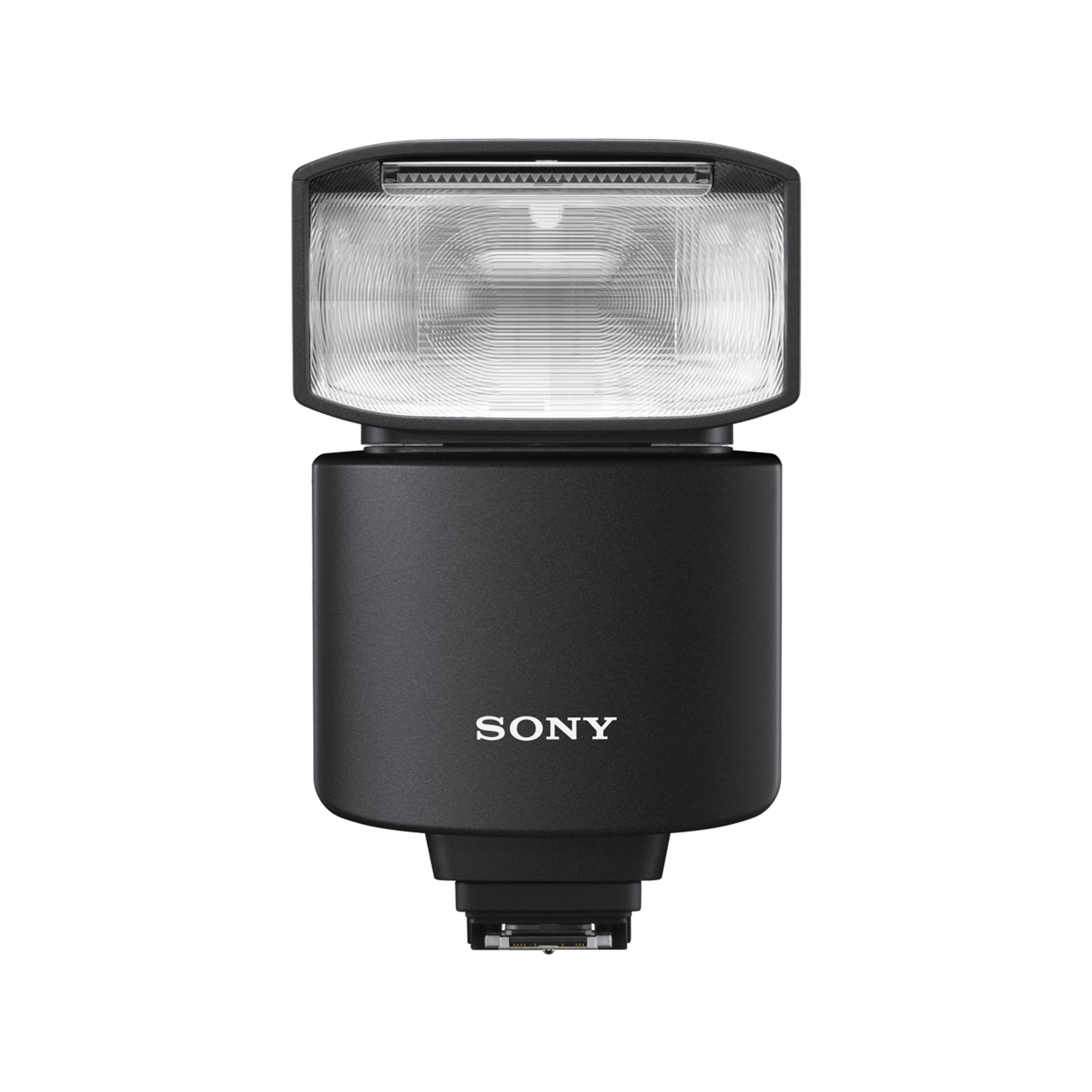 Schwarzer Sony Blitz mit sichtbarem Blitzreflektor und Anschlussfuß.