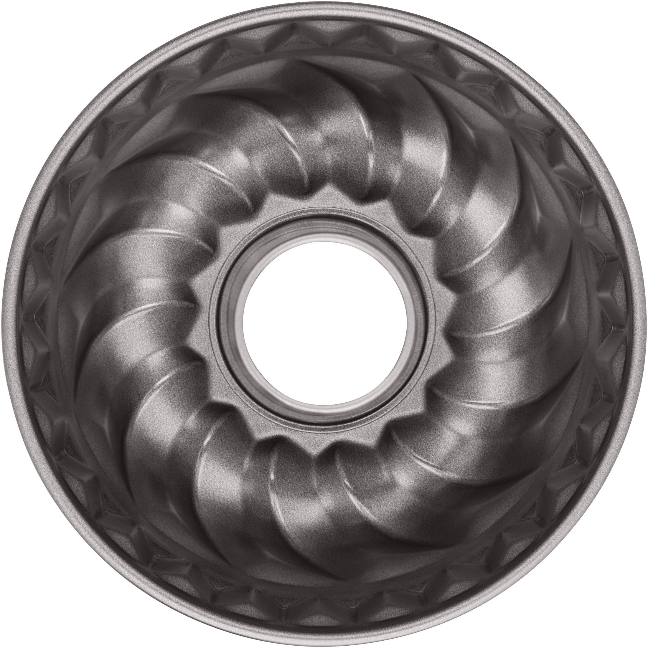 Graue Gugelhupfform mit spiralförmigen Rillen und einem Loch in der Mitte.