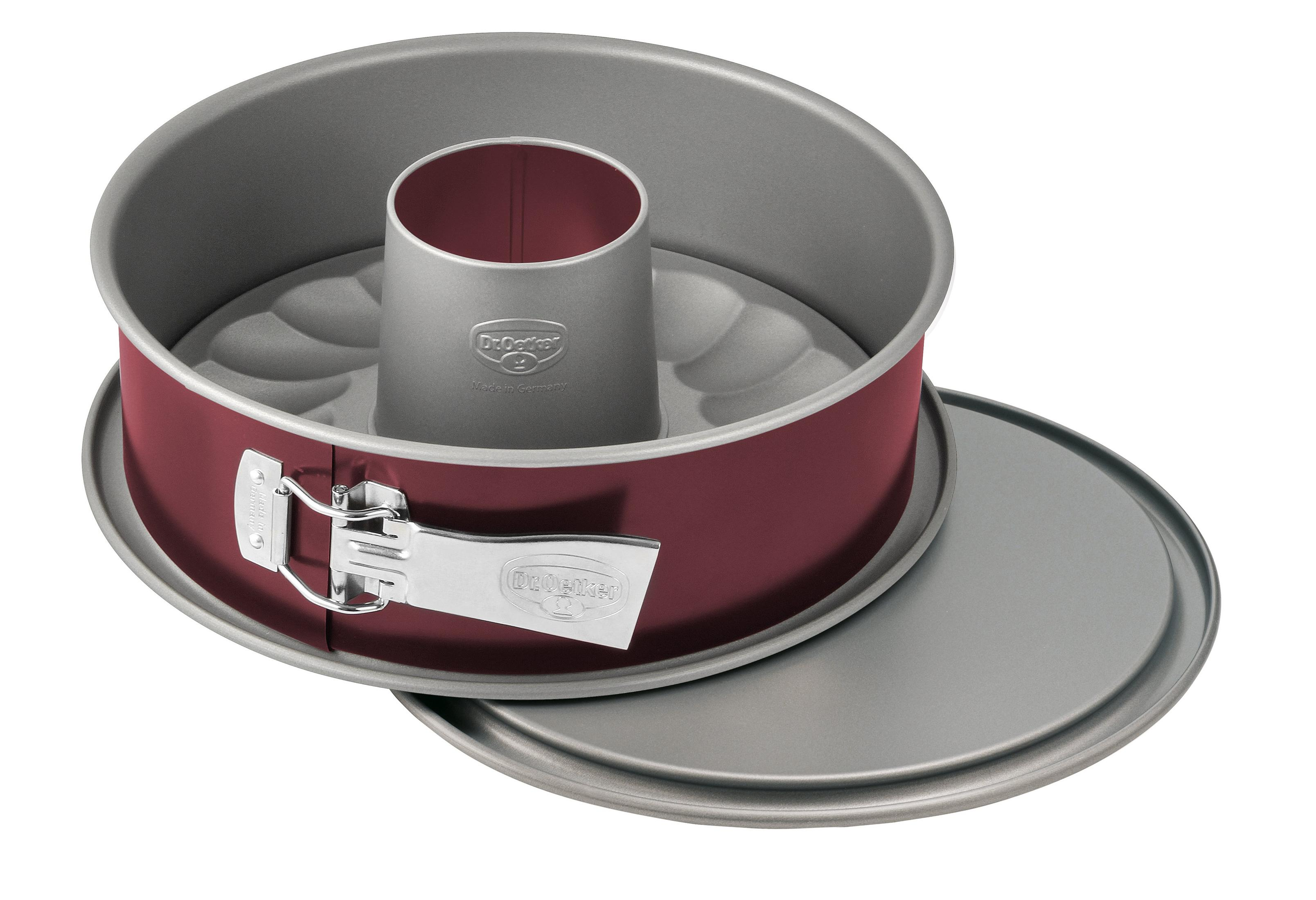 Rote Gugelhupfform mit grauem Einsatz und Deckel. Marke Dr. Oetker.
