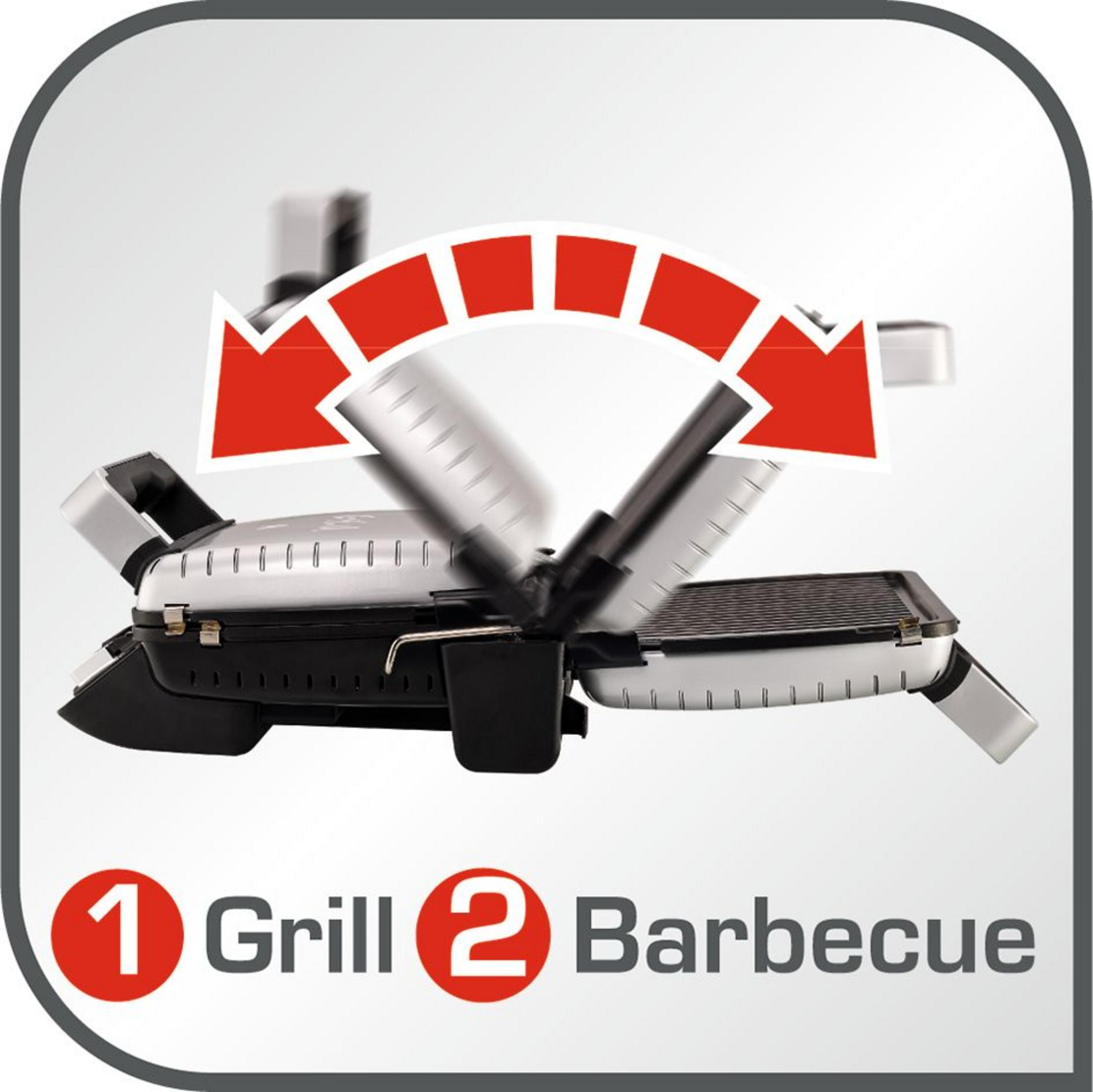 Una griglia a contatto argentata con freccia rossa che mostra l'apertura. 1 Grill, 2 Barbecue.