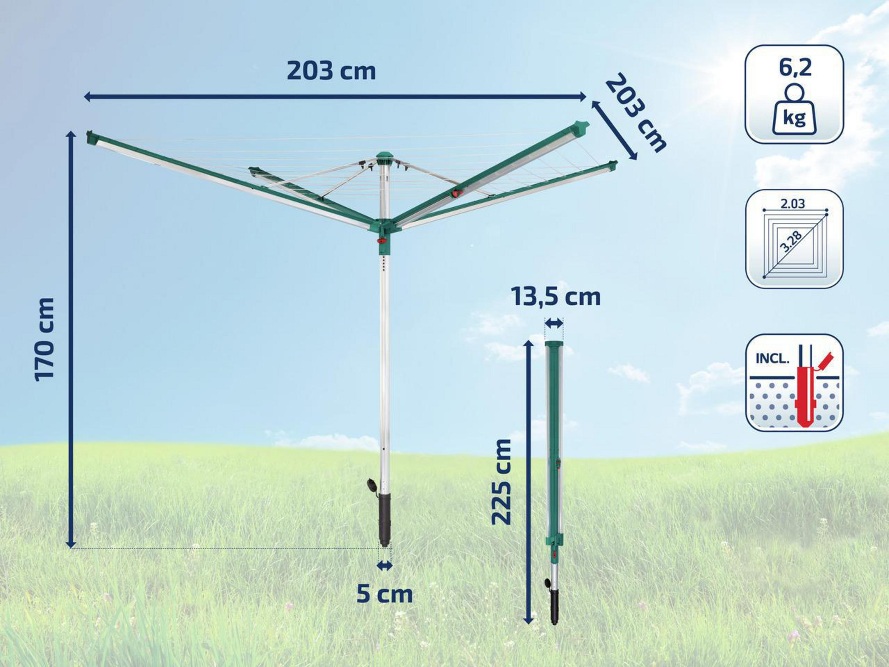 Ein grüner Wäscheständer mit Maßen 203x170x225 cm und 6,2 kg Gewicht.