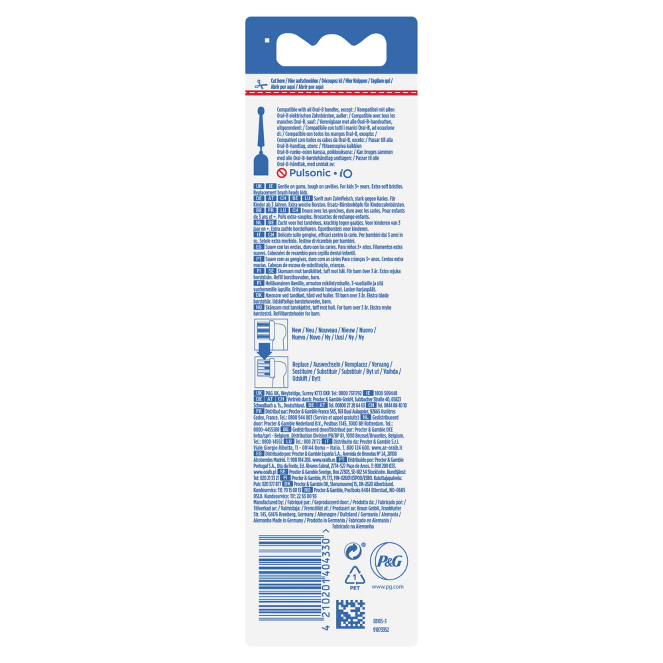 Verpackung für Oral-B Aufsteckbürsten für Kinder, mit multilingualen Hinweisen.