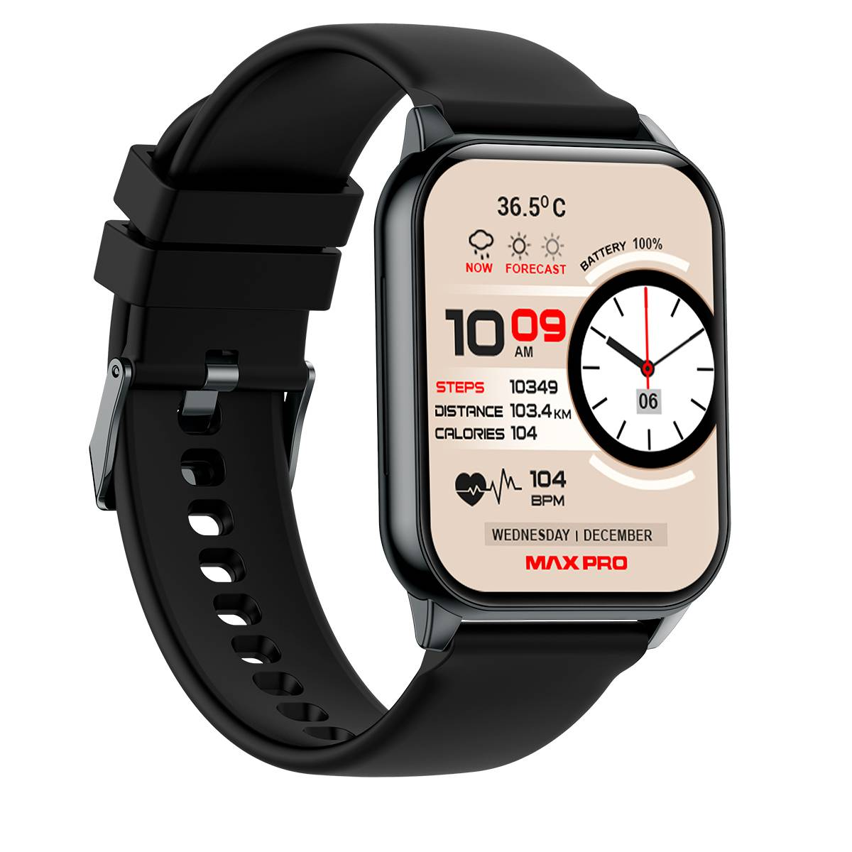 Schwarze Smartwatch mit Vollbildanzeige, die Uhrzeit, Datum und Fitnessdaten anzeigt.