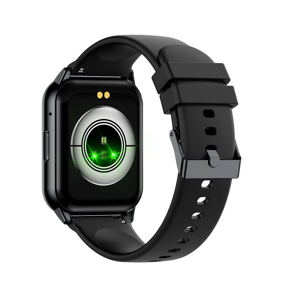 Eine schwarze Smartwatch mit Herzfrequenzsensor auf der Rückseite.