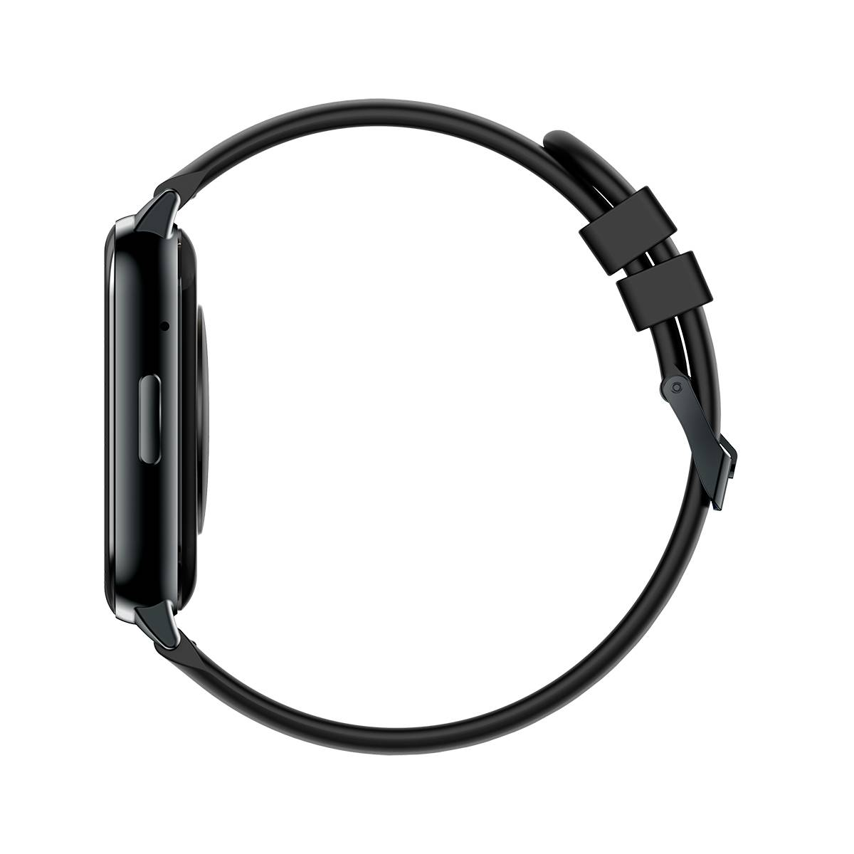 Schwarzes Smartwatch-Gehäuse mit Armband und Schnalle auf weißem Hintergrund.