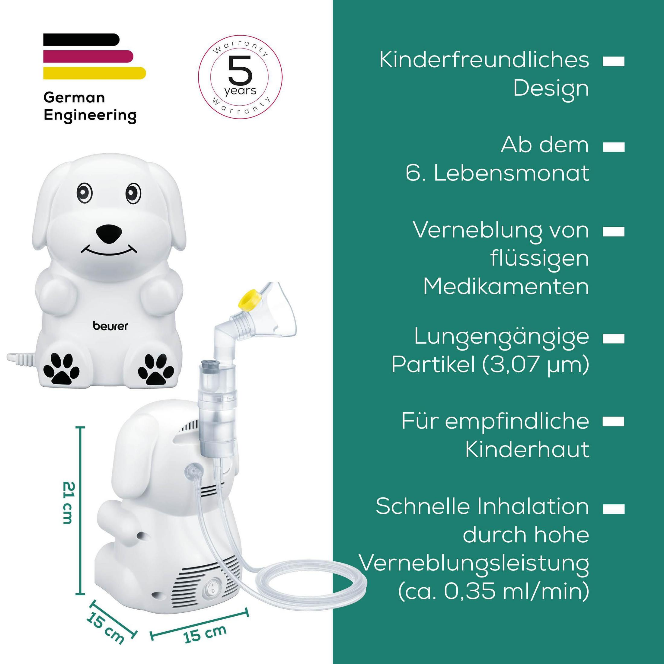 Ein weißer Vernebler in Hundeform mit Zubehör und Maßangaben.
