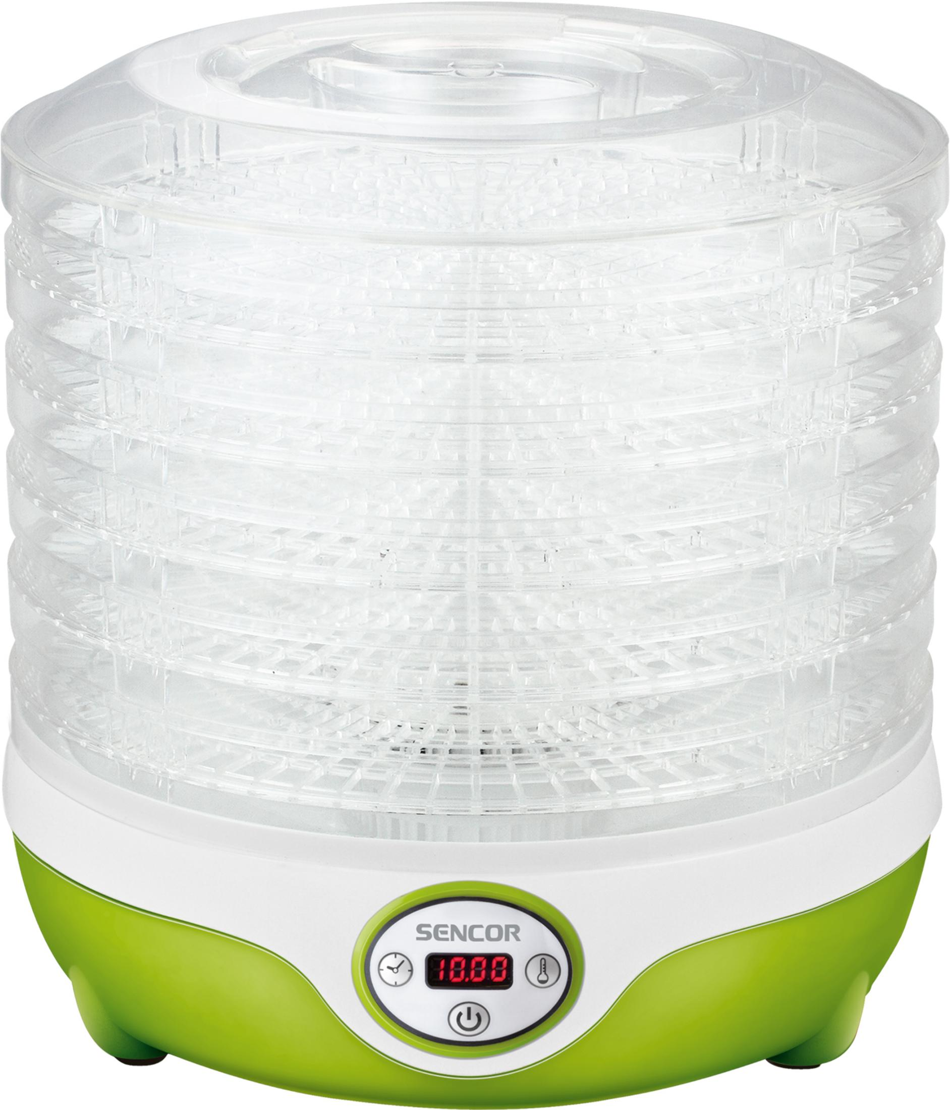 Essiccatore alimentare bianco e verde con vassoi trasparenti e display digitale.