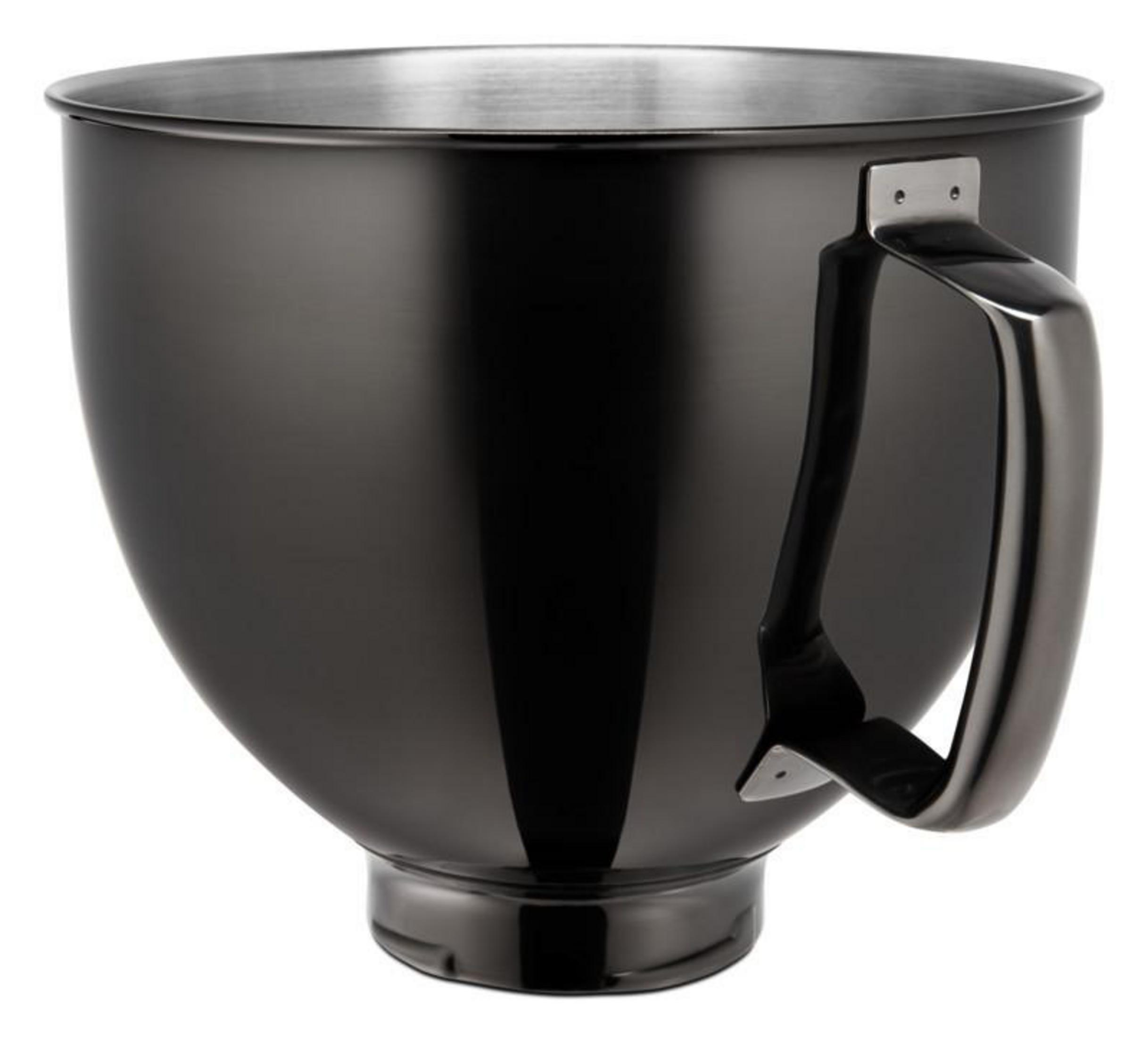Schwarze Küchenmaschinen-Schüssel aus Edelstahl mit einem seitlichen Griff.