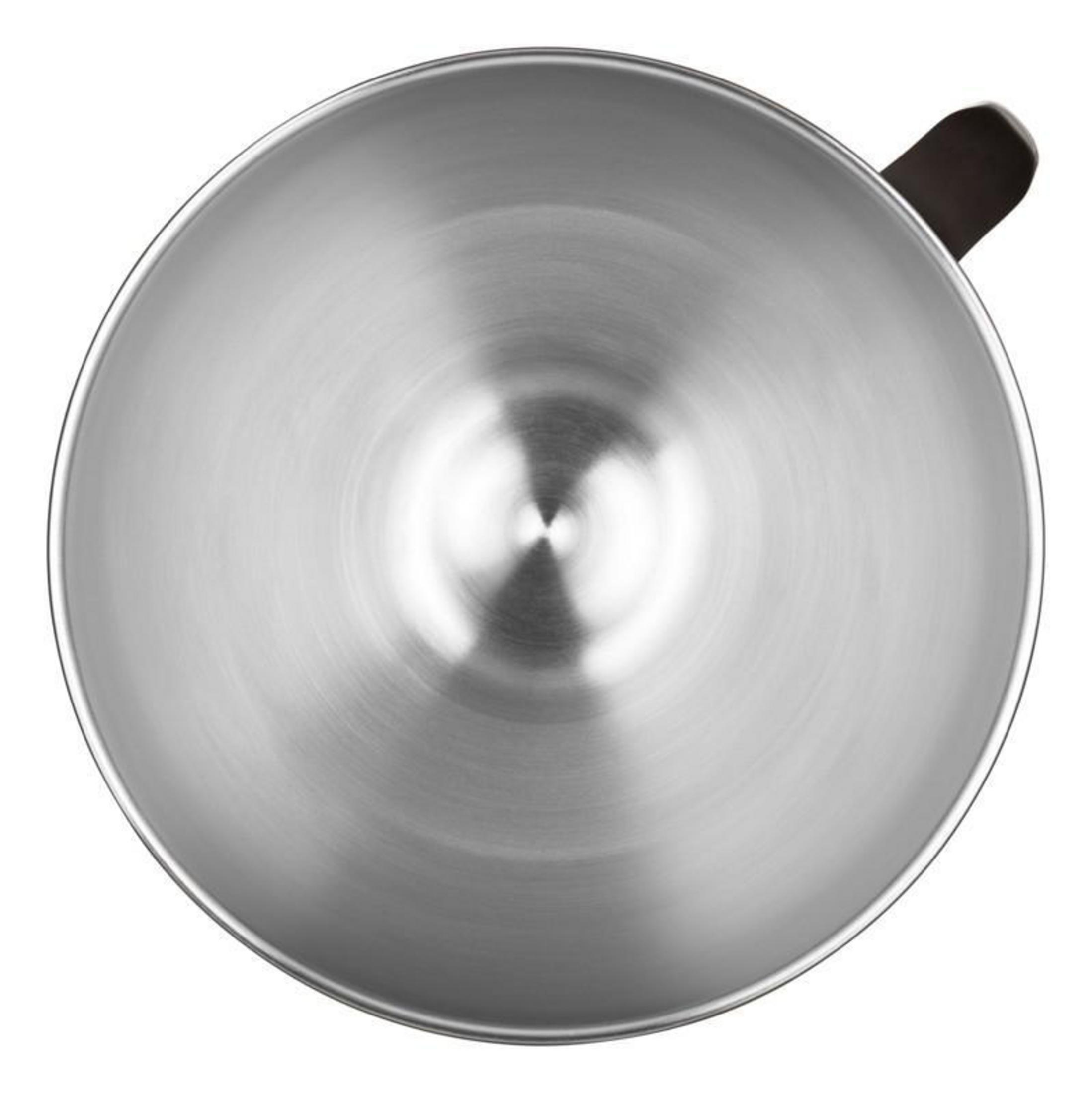 Eine silberne Schüssel mit einem schwarzen Griff, von oben gesehen.