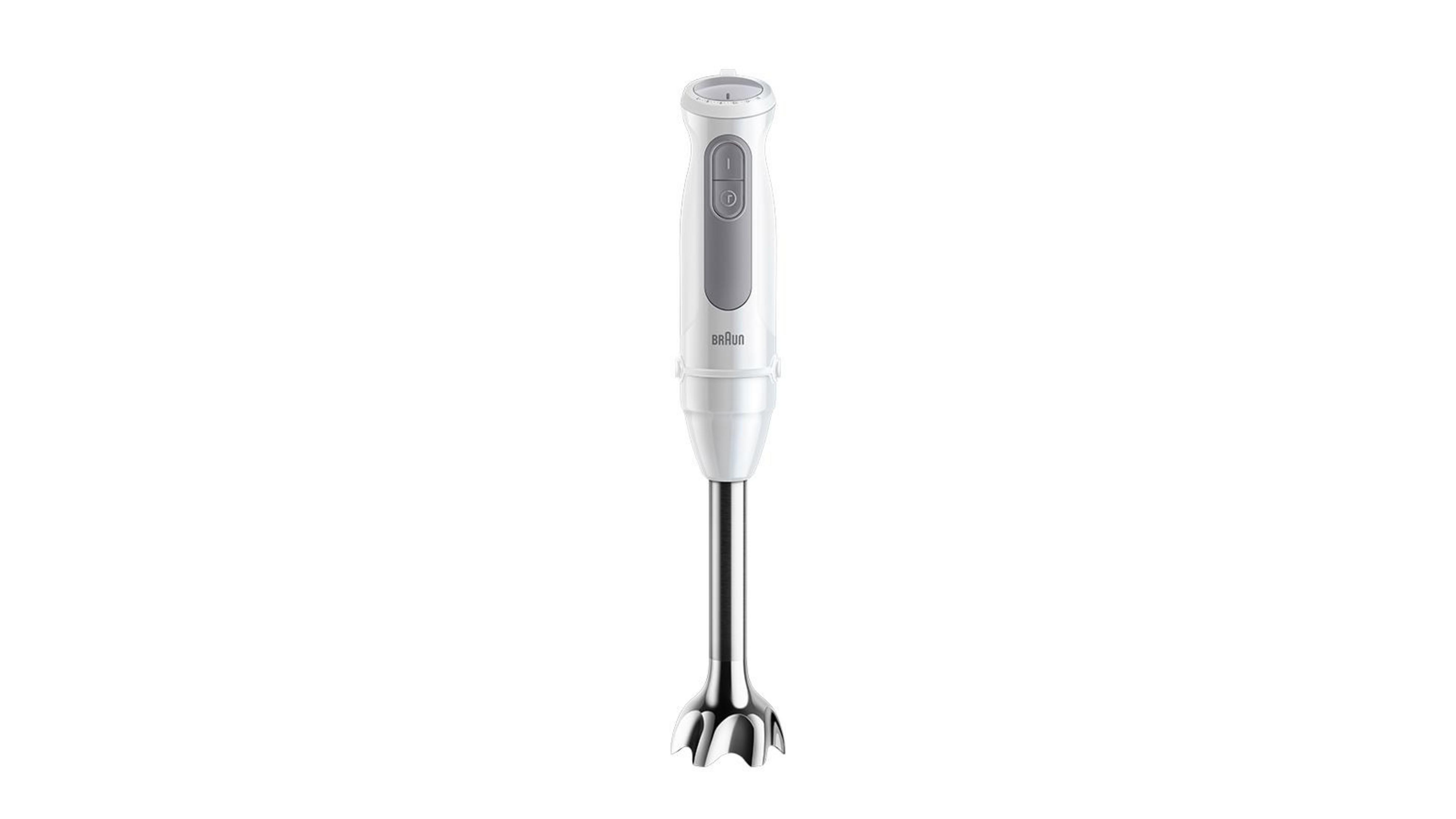 Een witte staafmixer met zilveren metalen voet en twee knoppen.