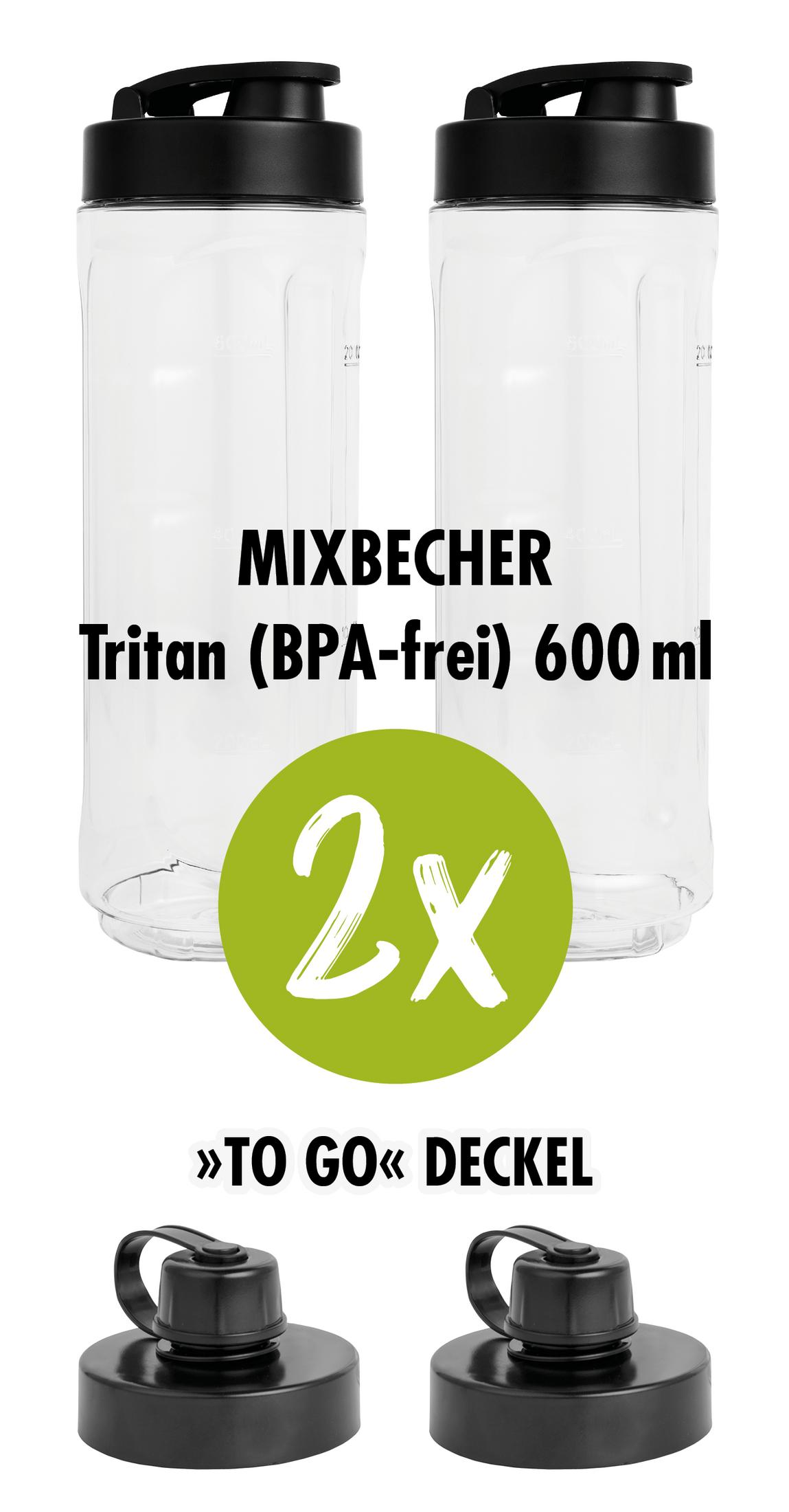 Due miscelatori Tritan senza BPA, capacità 600 ml, con due coperchi.