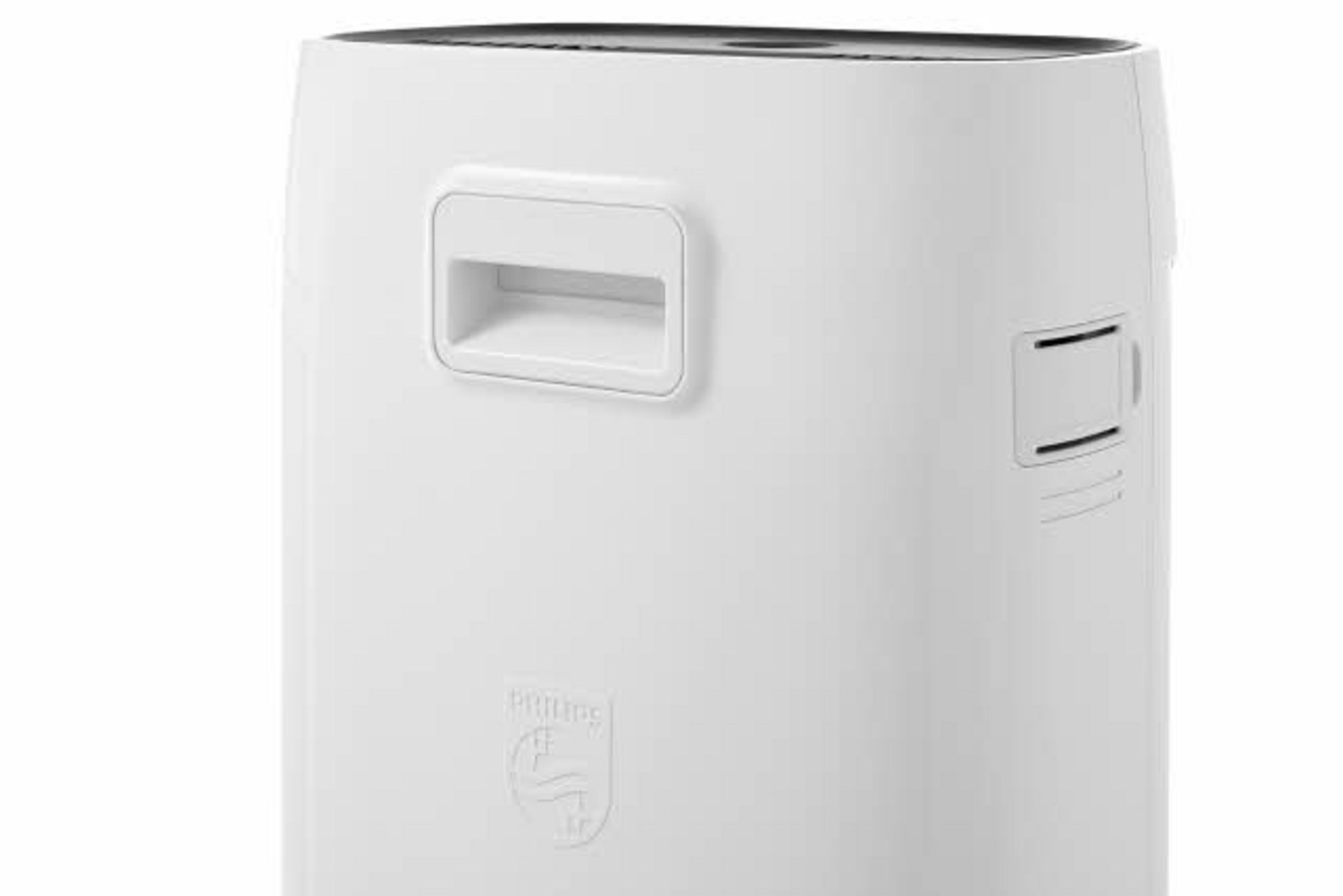 Purificador de aire blanco con asa y logo de Philips.