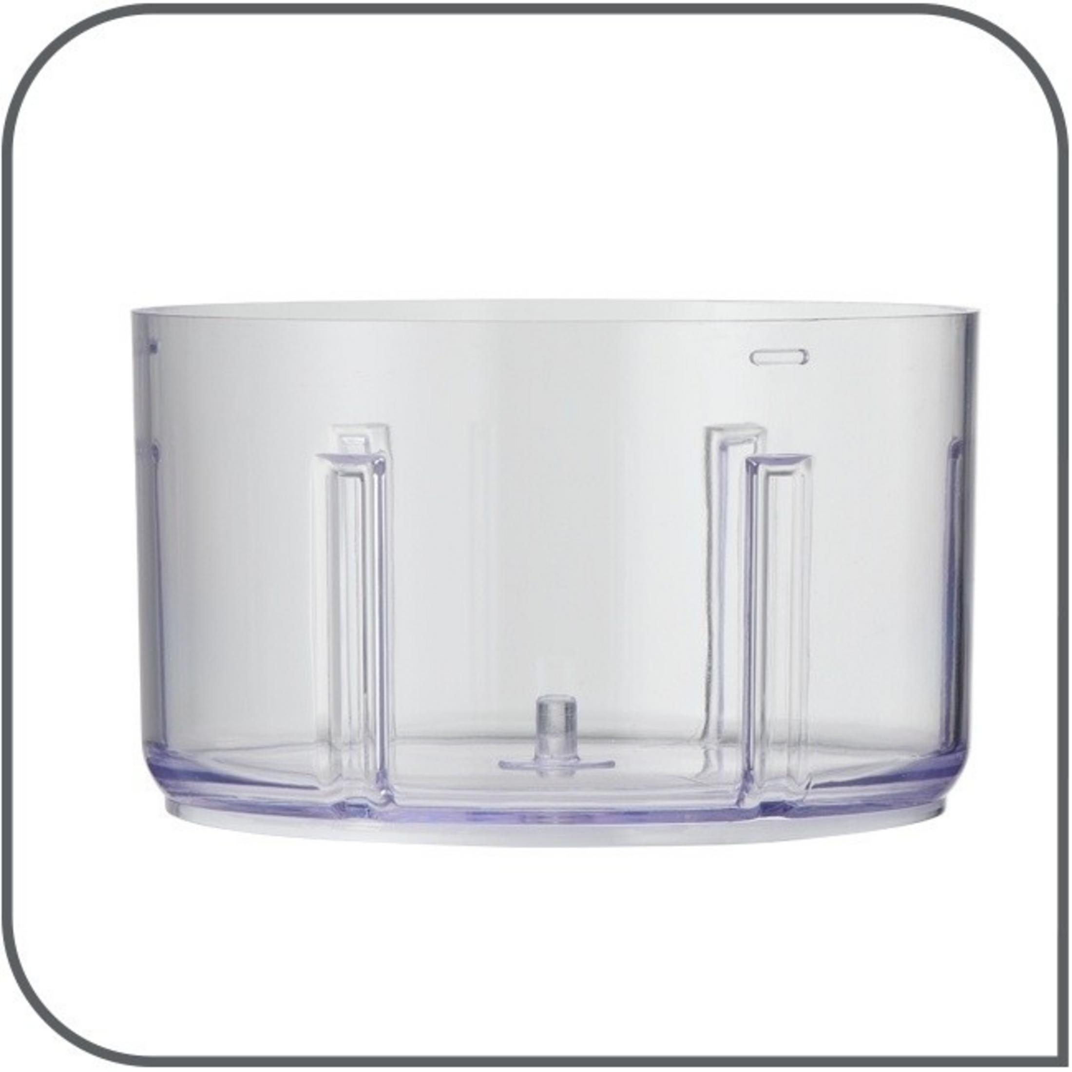 Przezroczysta miska blendera z centralnym trzpieniem i prowadnicami.