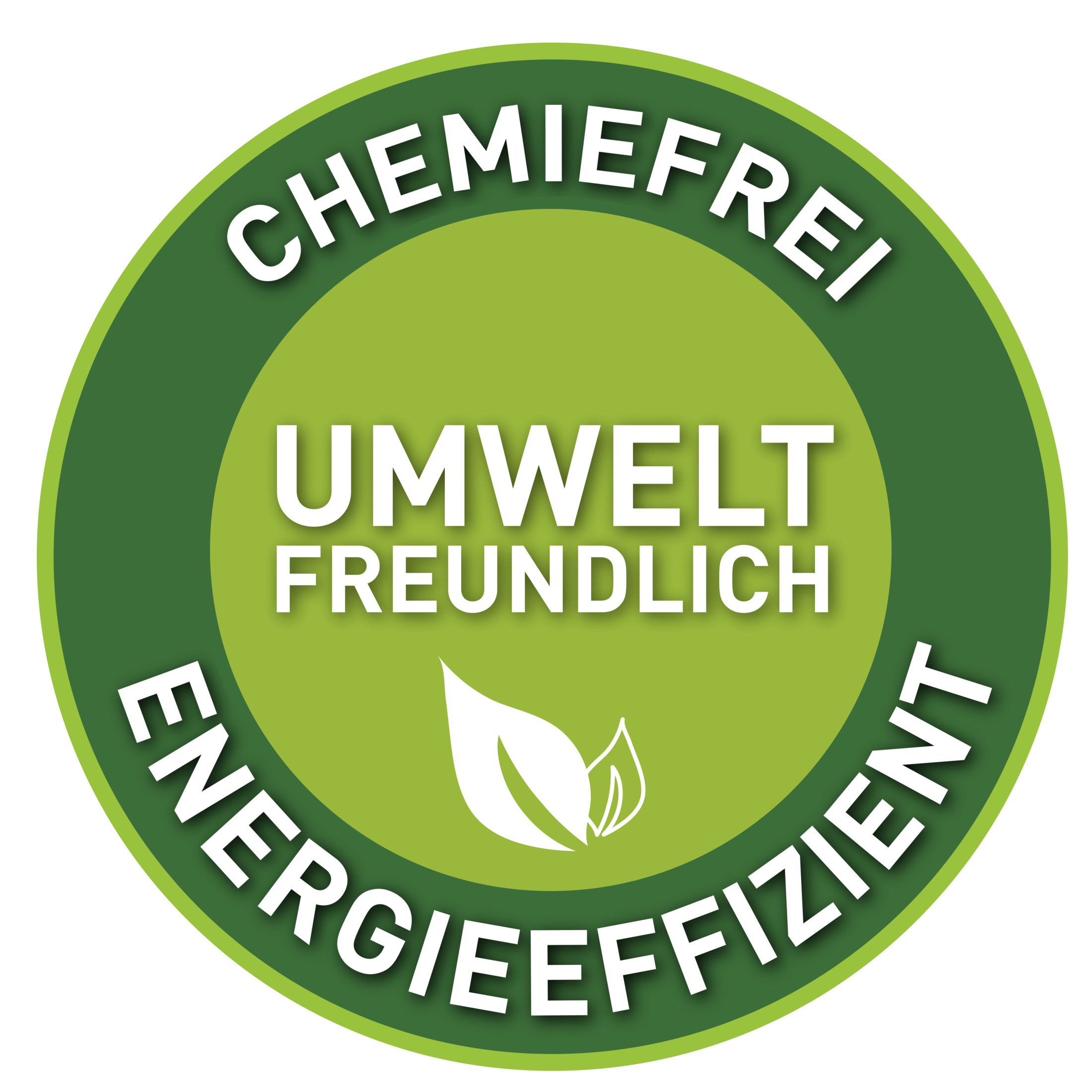 Grüner Kreis mit Text: Chemiefrei, Umweltfreundlich, Energieeffizient.