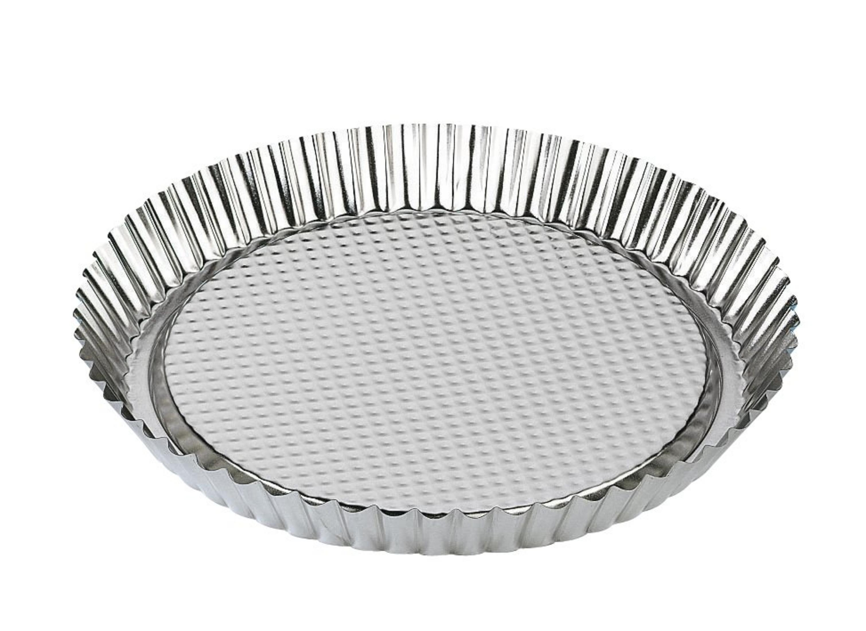 Eine runde, geriffelte Metall-Tarteform mit perforiertem Boden.