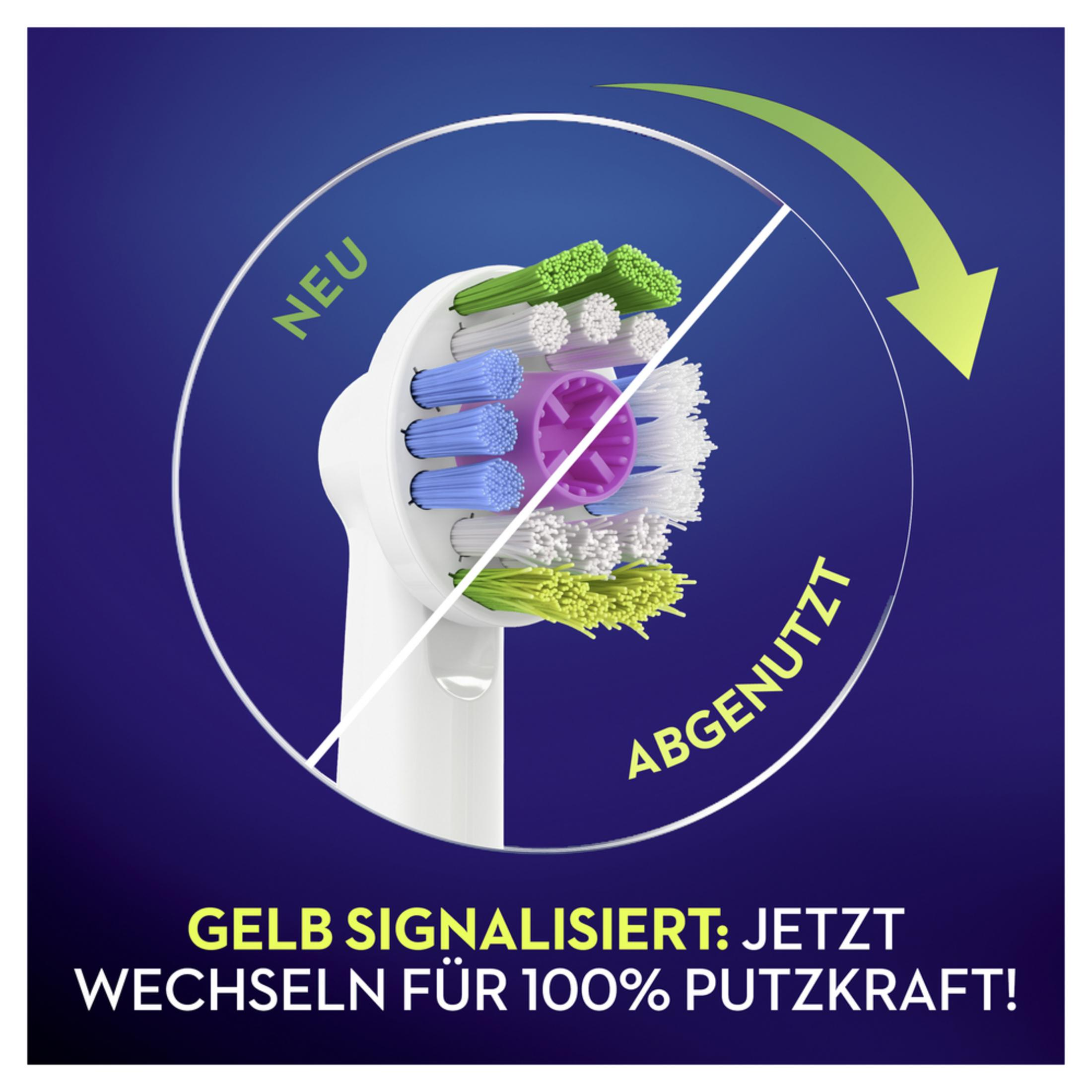 Neuer und genutzter Bürstenkopf mit gelben Borsten, die den Wechsel signalisieren.