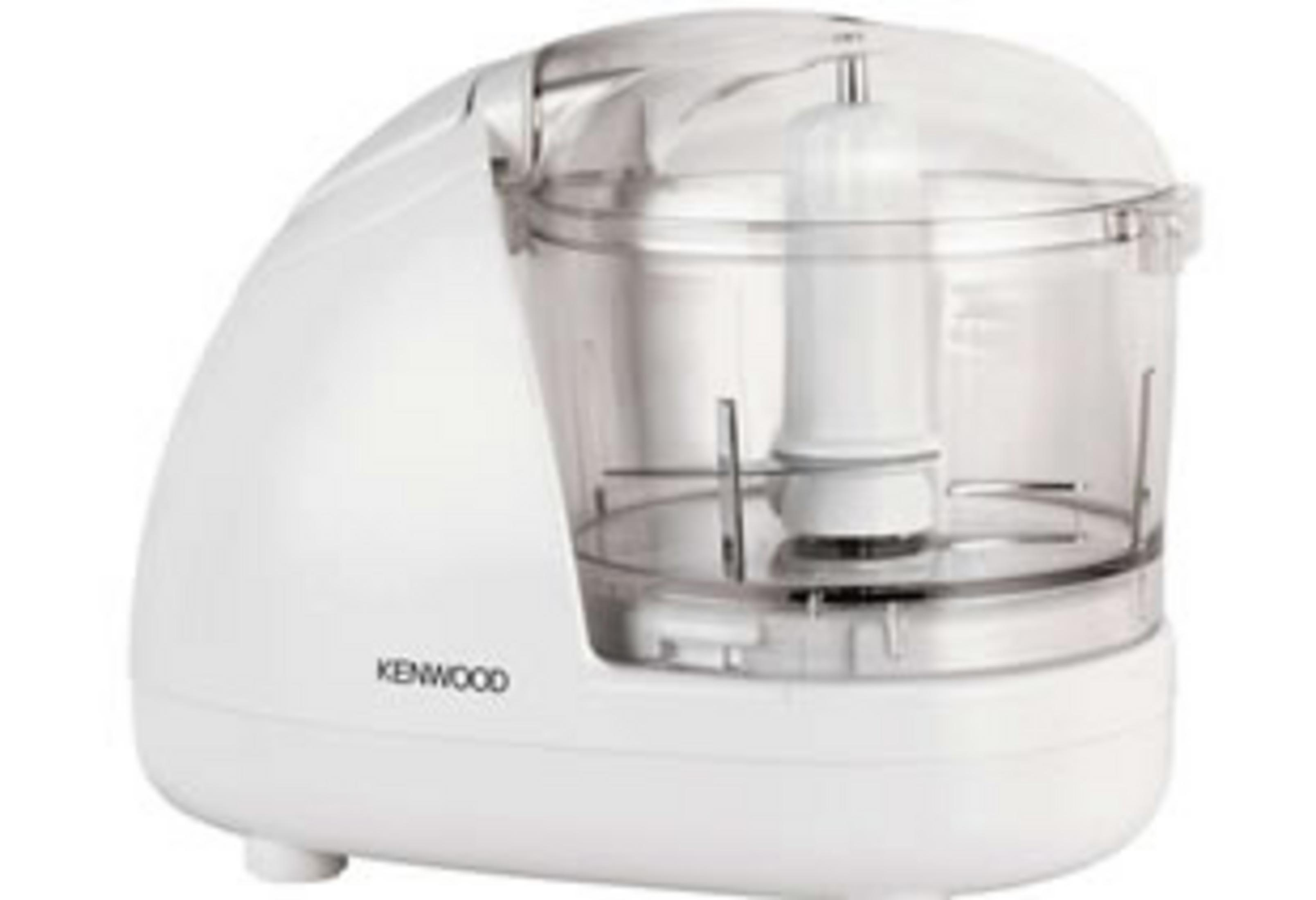 Ein weißer Kenwood Mini-Zerkleinerer mit transparentem Deckel und Behälter.