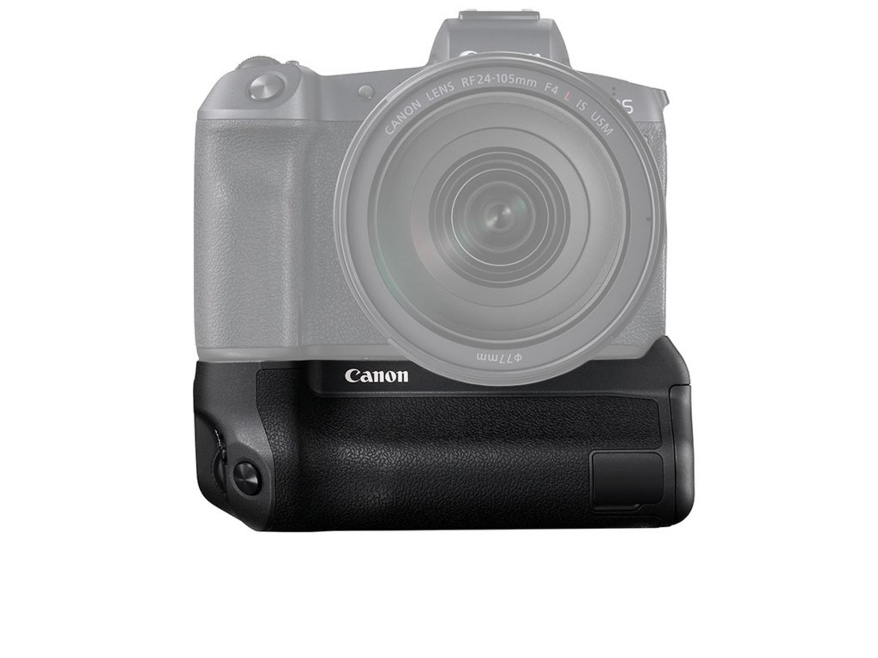 Fotocamera grigio-nera con impugnatura a batteria e obiettivo in primo piano. Logo Canon.