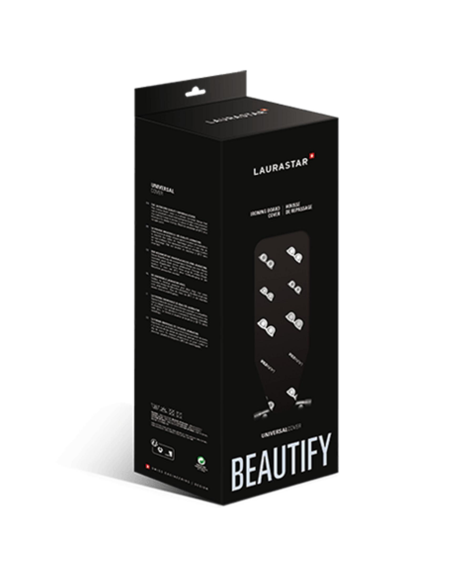 Schwarze Verpackung mit weißem "LAURASTAR"-Logo und "BEAUTIFY"-Schriftzug.