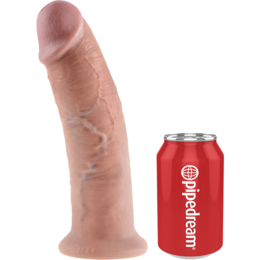 Ein heller, realistischer Dildo neben einer roten Getränkedose mit Logo.