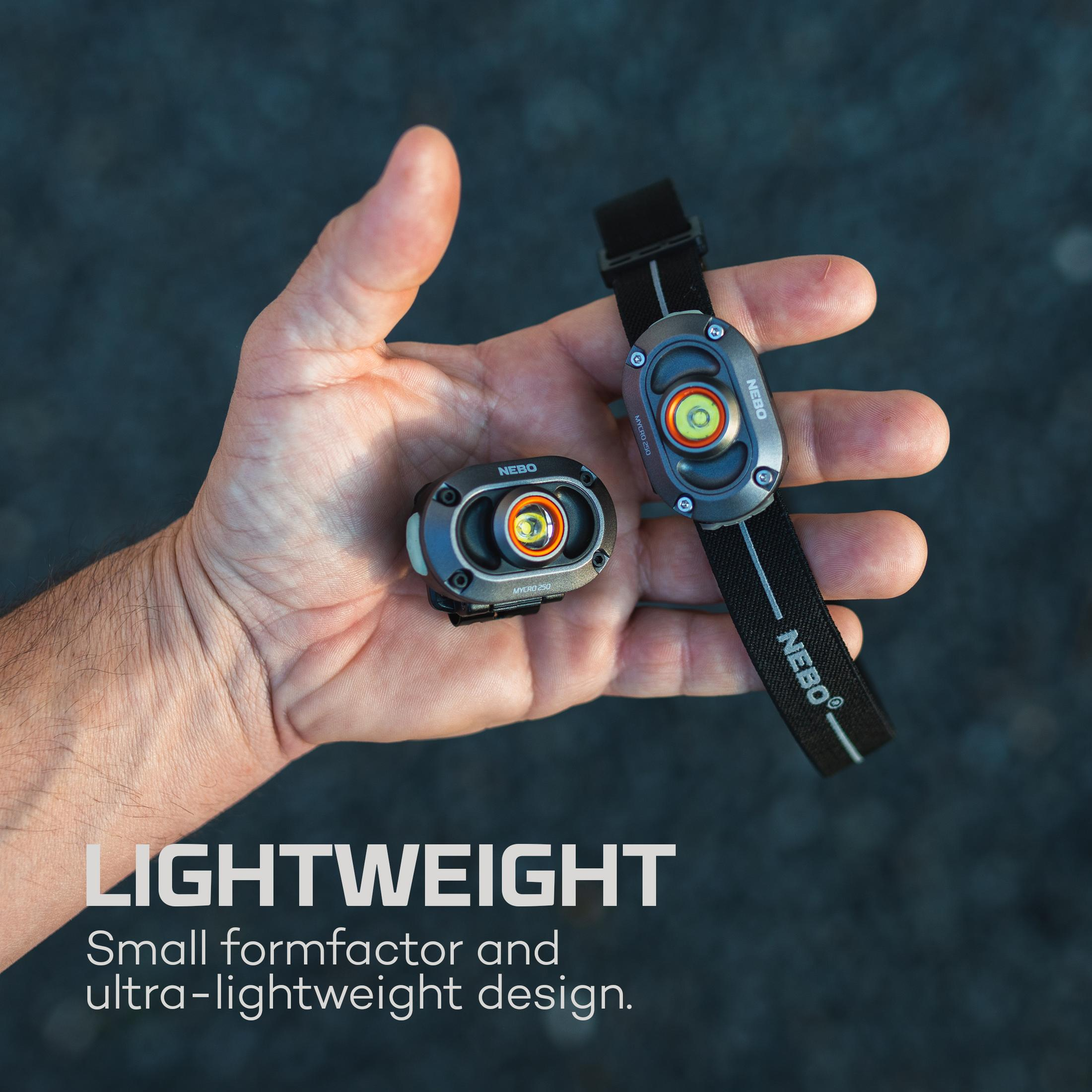 Dłoń trzyma dwie latarki czołowe Nebo, jedną na pasku, na ciemnym, teksturowanym tle.