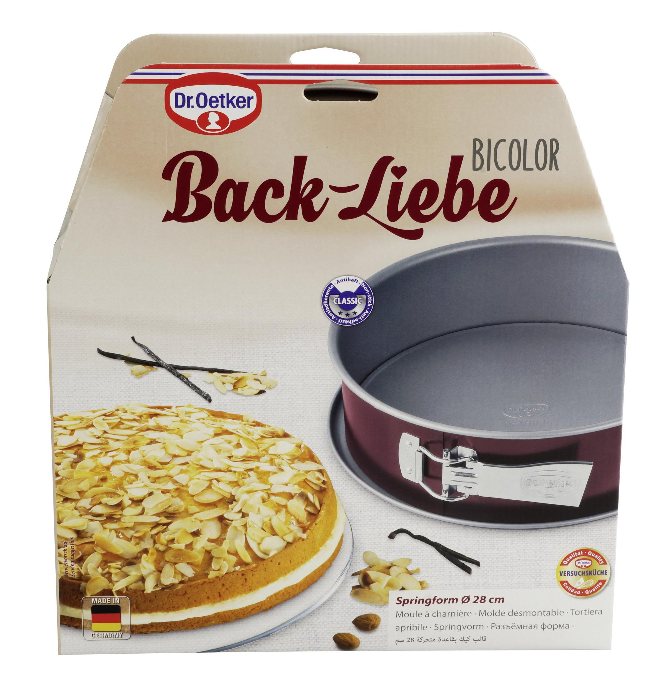 Dr. Oetker Back-Liebe Springform mit Kuchen und Vanilleschoten.