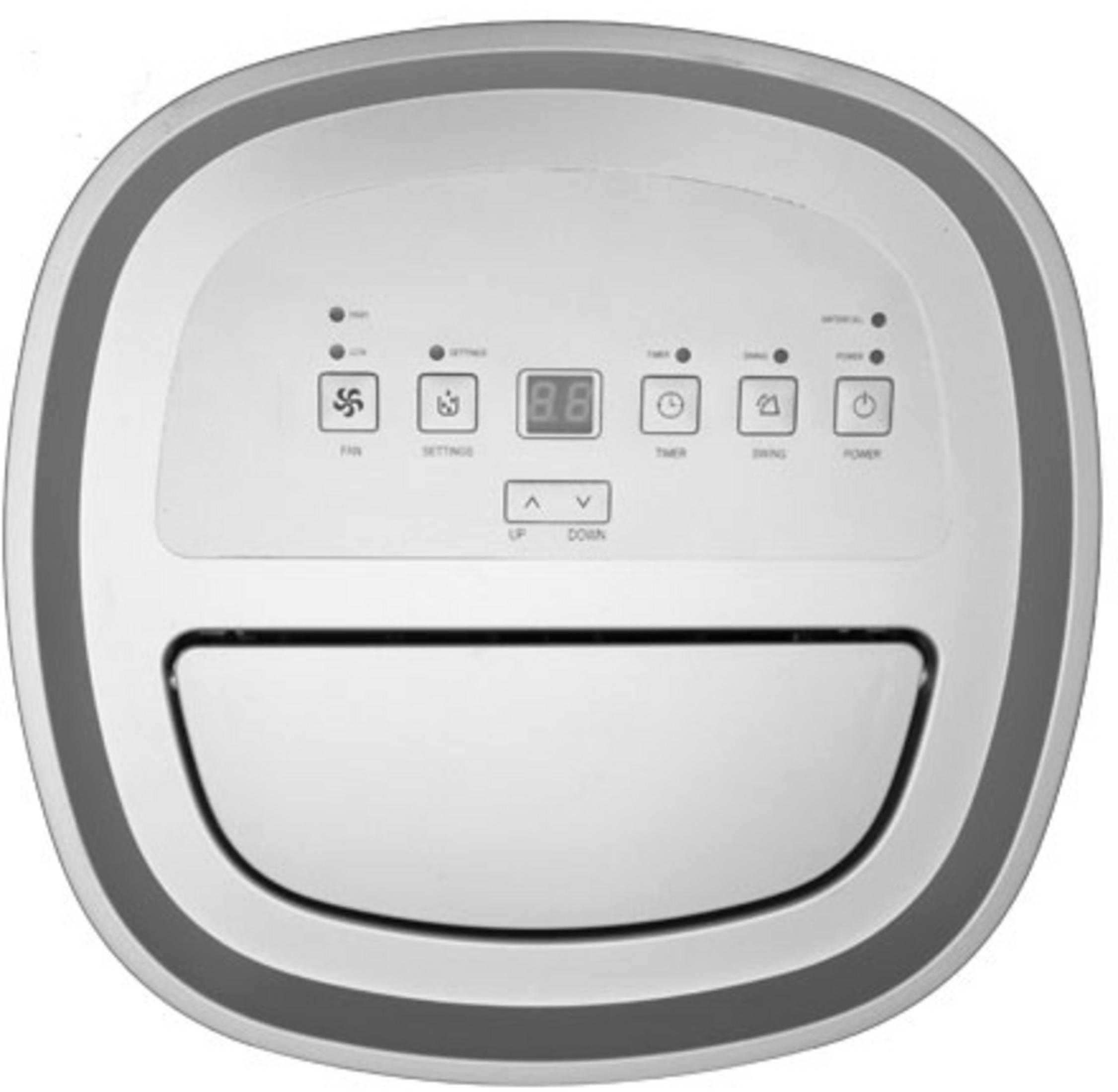 Un climatiseur blanc avec panneau de commande affichant les icônes de ventilateur, réglages, minuterie, balancement et alimentation.