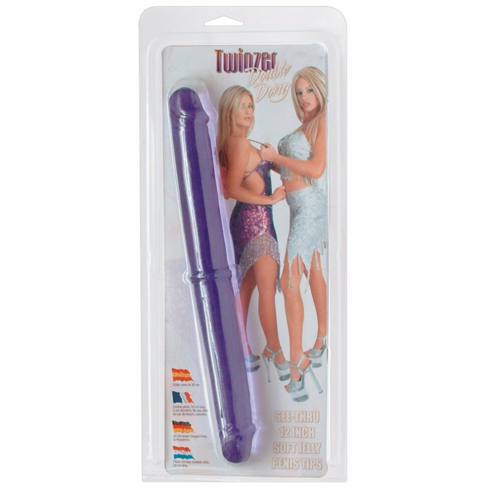 Verpackung mit einem lila Doppel-Dildo, zwei Frauen und Text.