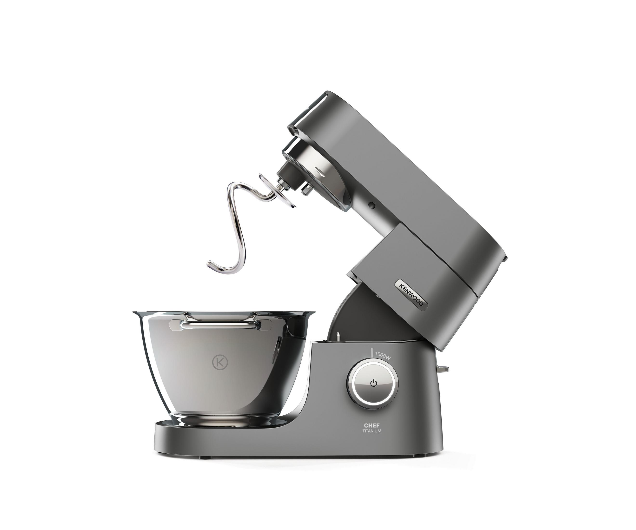 Grauer Kenwood Küchenmaschine mit Metallschüssel und Haken.
