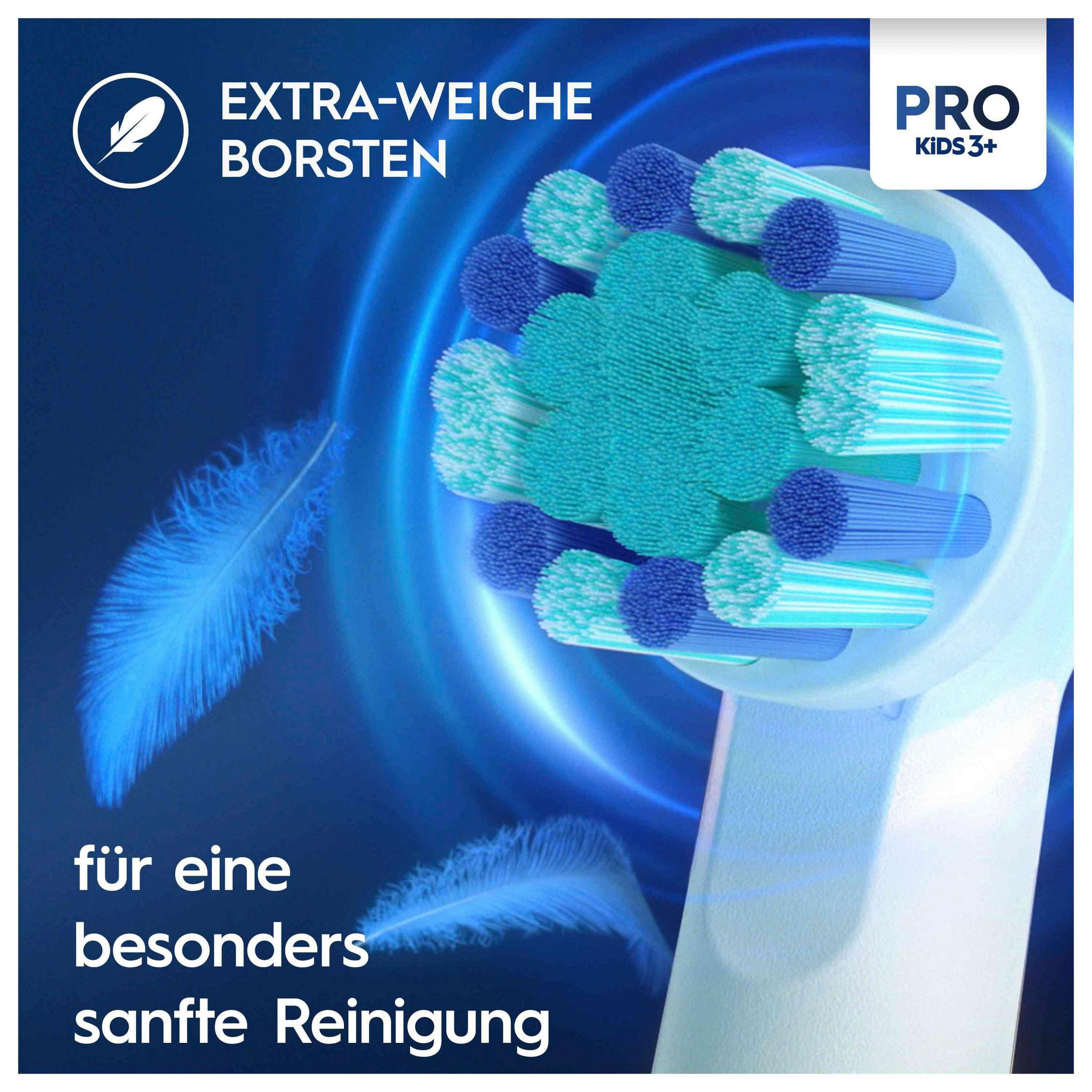 Elektrische Zahnbürste mit weichen Borsten und Federn auf blauem Hintergrund.