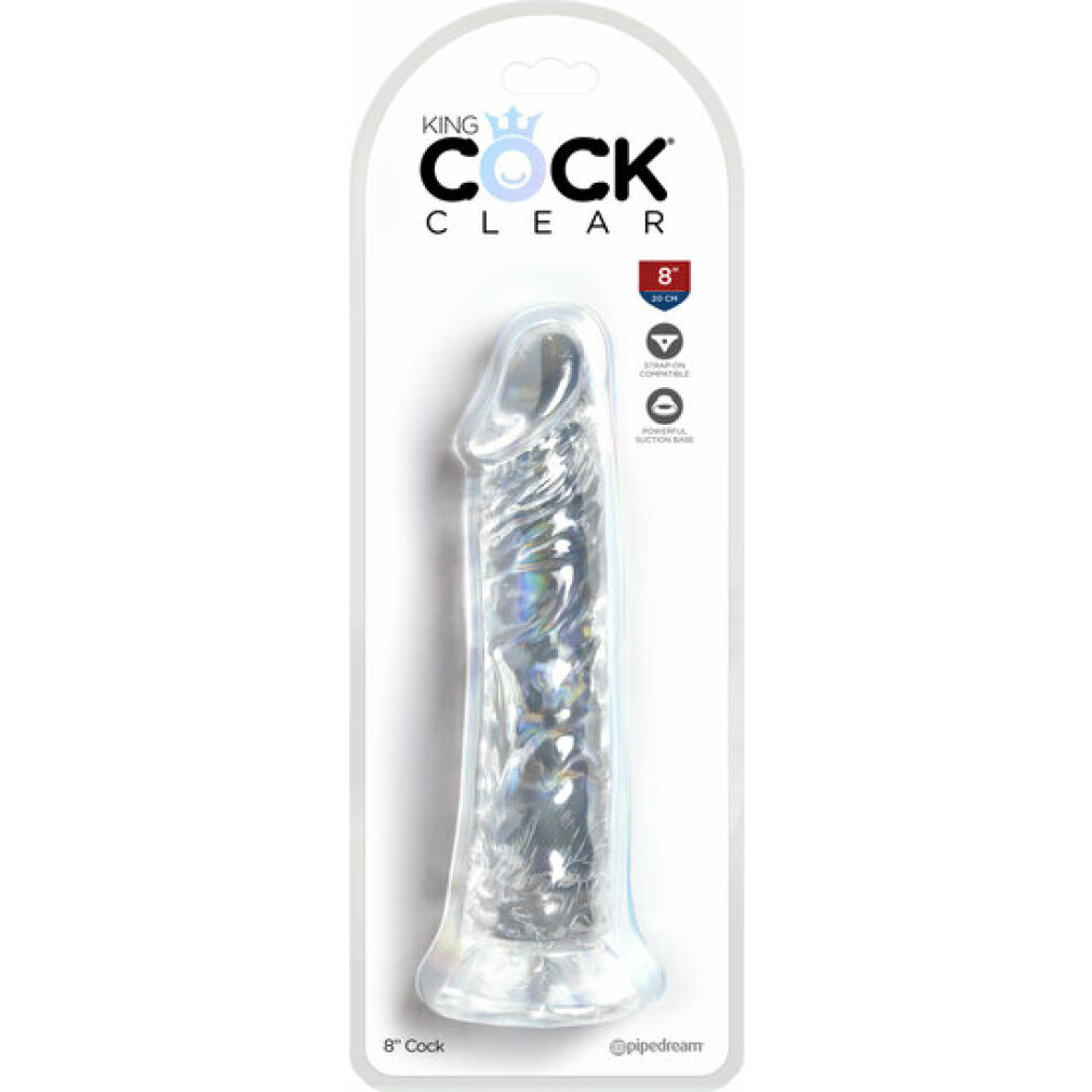 Ein klarer, 8-Zoll-Cock-Dildo mit Saugnapfbasis in Verpackung.