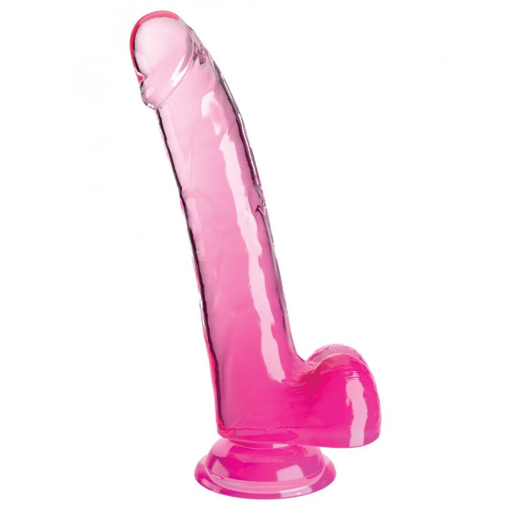 Ein durchsichtiger, pinker Dildo mit Saugnapf.